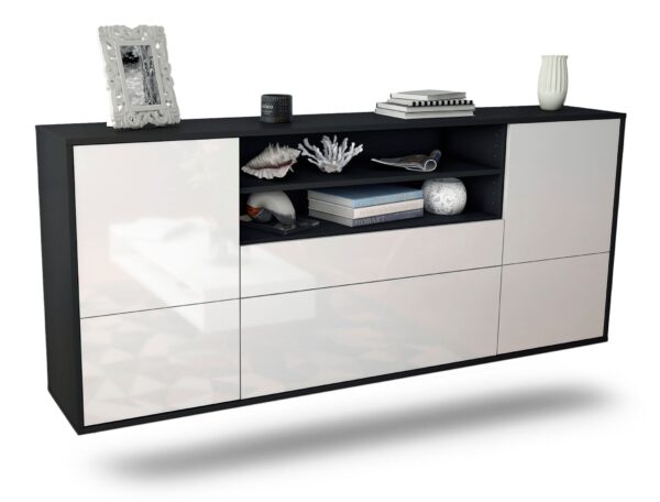 Sideboard Escondido | hängend | Korpus Anthrazit | Front in Hochglanz Weiß | 180x79x35cm (BxHxT)