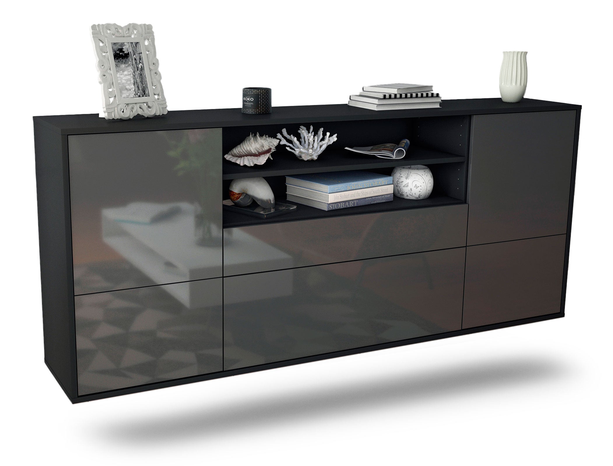 Sideboard Escondido | hängend | Korpus Anthrazit | Front in Hochglanz Grau | 180x79x35cm (BxHxT) 1 Sideboard Escondido | hängend | Korpus Anthrazit | Front in Hochglanz Grau | 180x79x35cm (BxHxT)