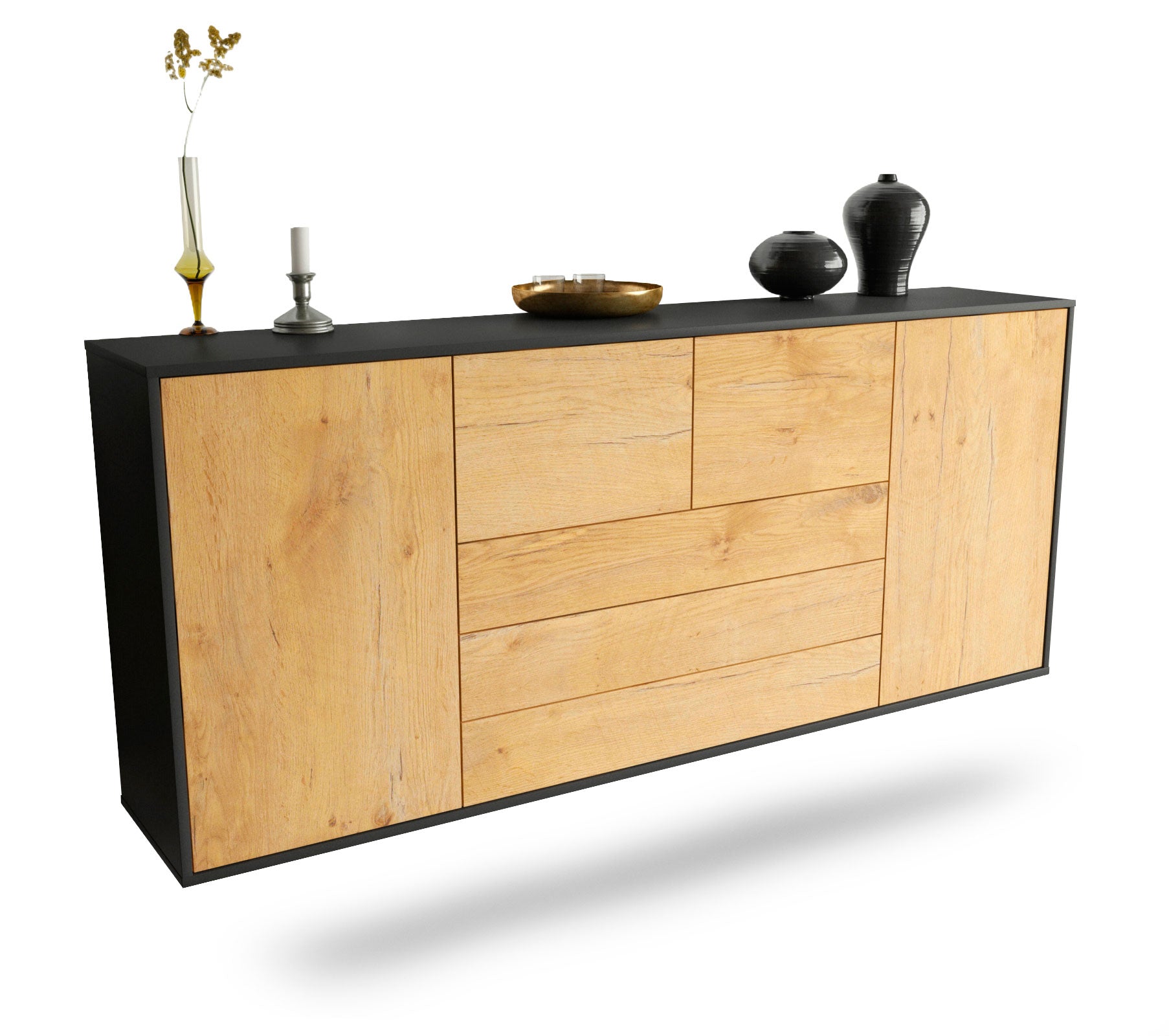 Sideboard Metairie | hängend | Korpus Anthrazit | Front in Eiche Holz Optik | 180x79x35cm (BxHxT) 1 Sideboard Metairie | hängend | Korpus Anthrazit | Front in Eiche Holz Optik | 180x79x35cm (BxHxT)