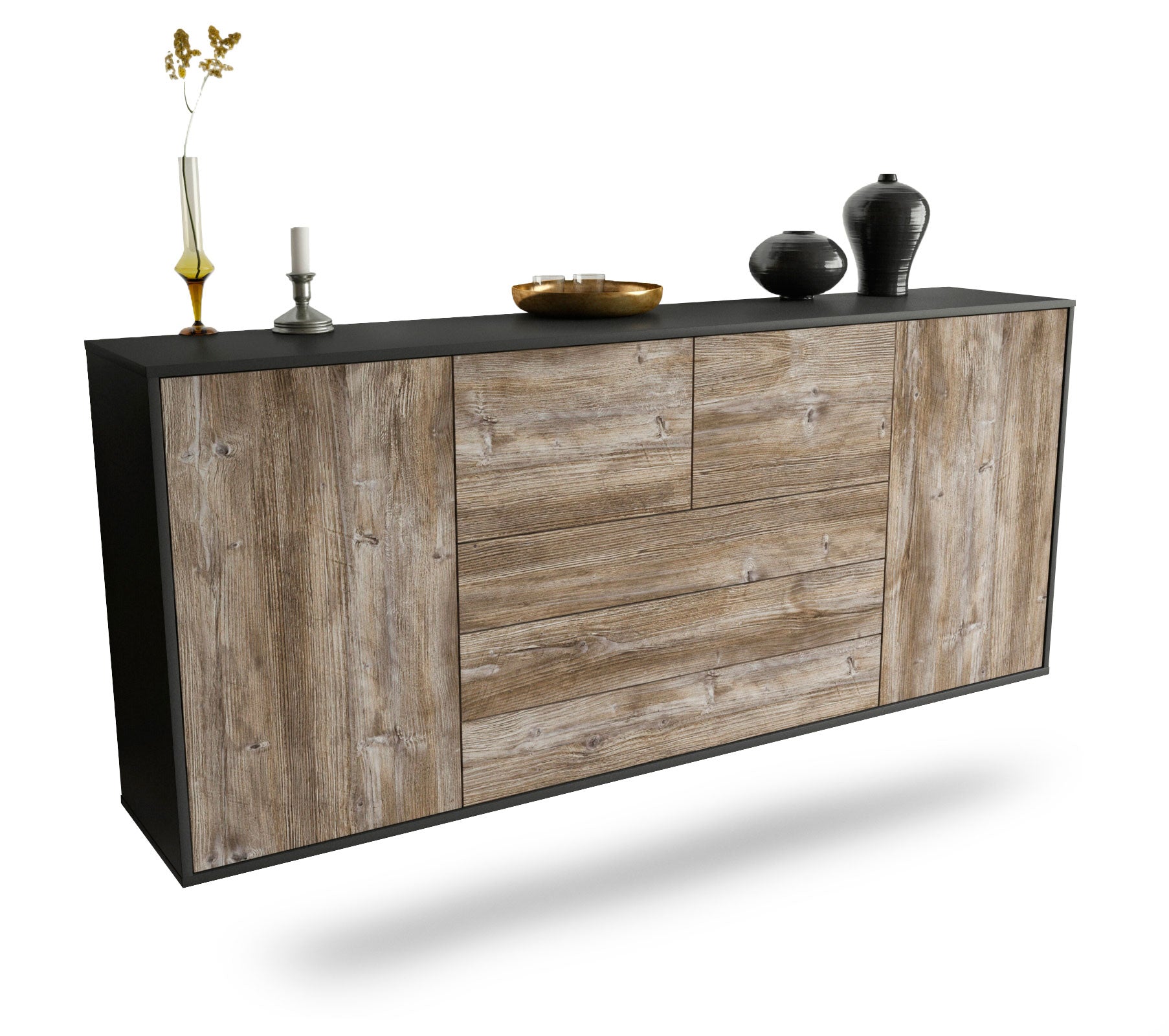 Sideboard Metairie | hängend | Korpus Anthrazit | Front in Treibholz Holz Optik | 180x79x35cm (BxHxT) 1 Sideboard Metairie | hängend | Korpus Anthrazit | Front in Treibholz Holz Optik | 180x79x35cm (BxHxT)