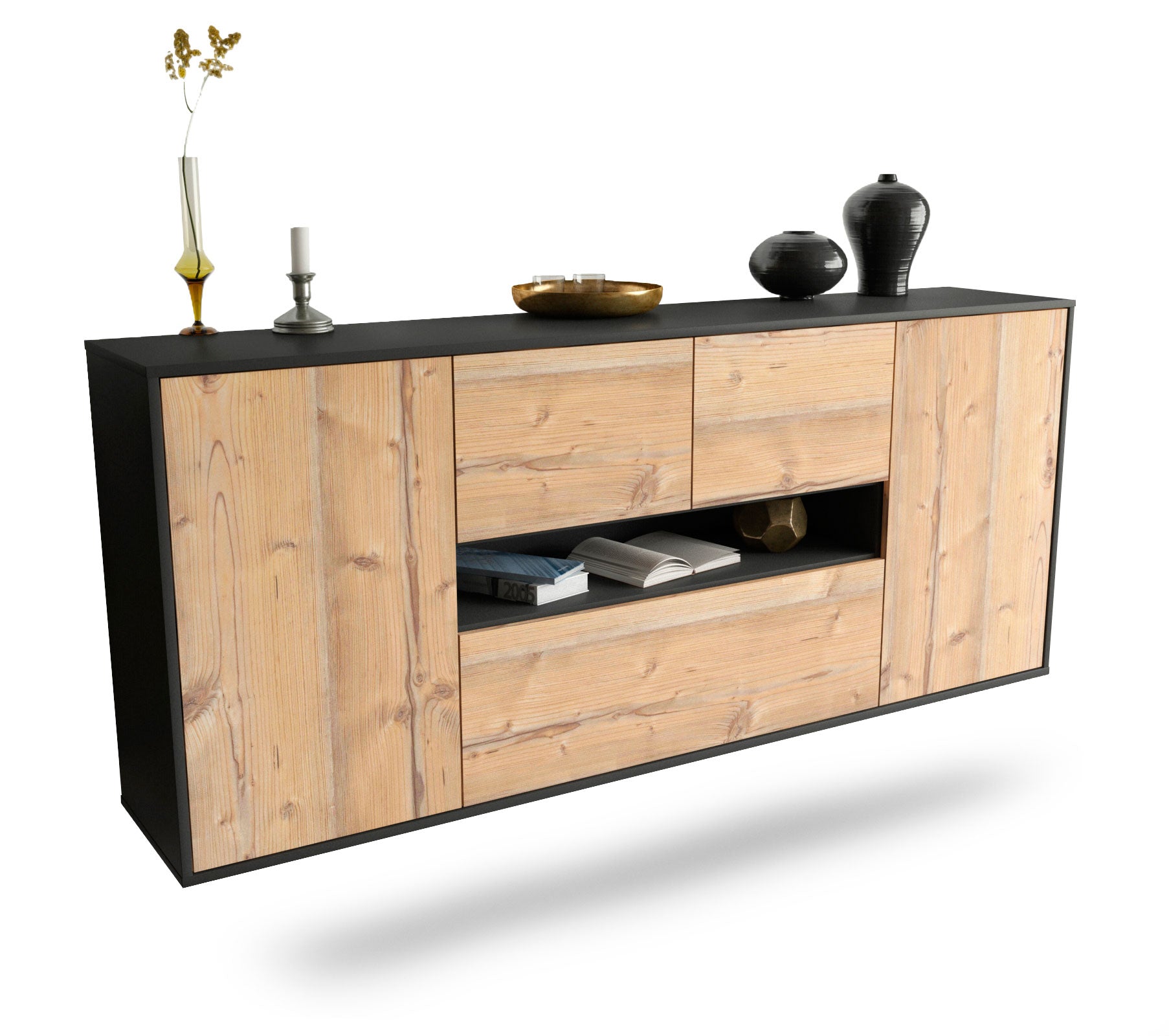 Sideboard Warren | hängend | Korpus Anthrazit | Front in Pinie Holz Optik | 180x79x35cm (BxHxT) 1 Sideboard Warren | hängend | Korpus Anthrazit | Front in Pinie Holz Optik | 180x79x35cm (BxHxT)