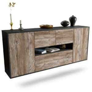 Sideboard Warren | hängend | Korpus Anthrazit | Front in Treibholz Holz Optik | 180x79x35cm (BxHxT)
