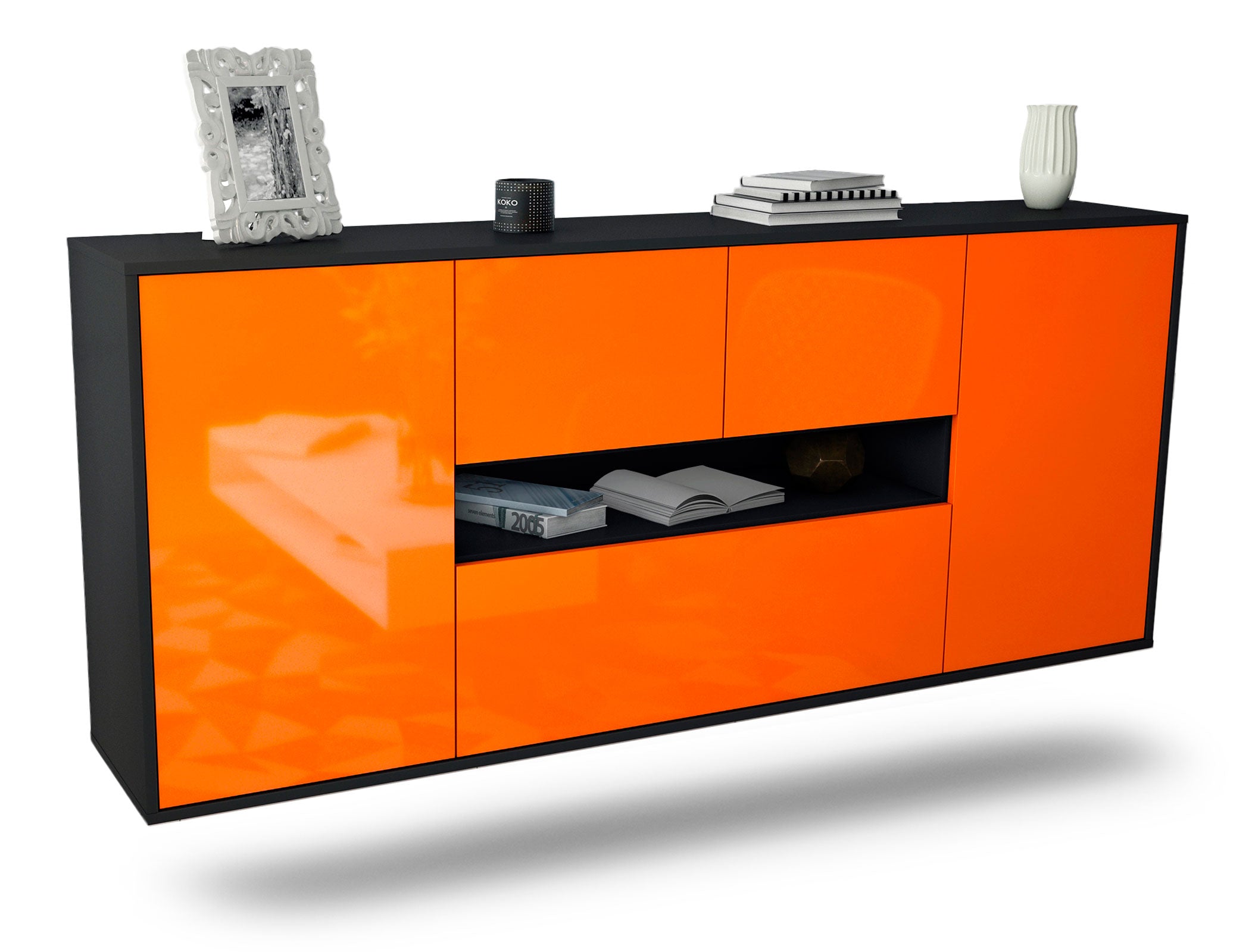Sideboard Warren | hängend | Korpus Anthrazit | Front in Hochglanz Orange | 180x79x35cm (BxHxT) 1 Sideboard Warren | hängend | Korpus Anthrazit | Front in Hochglanz Orange | 180x79x35cm (BxHxT)