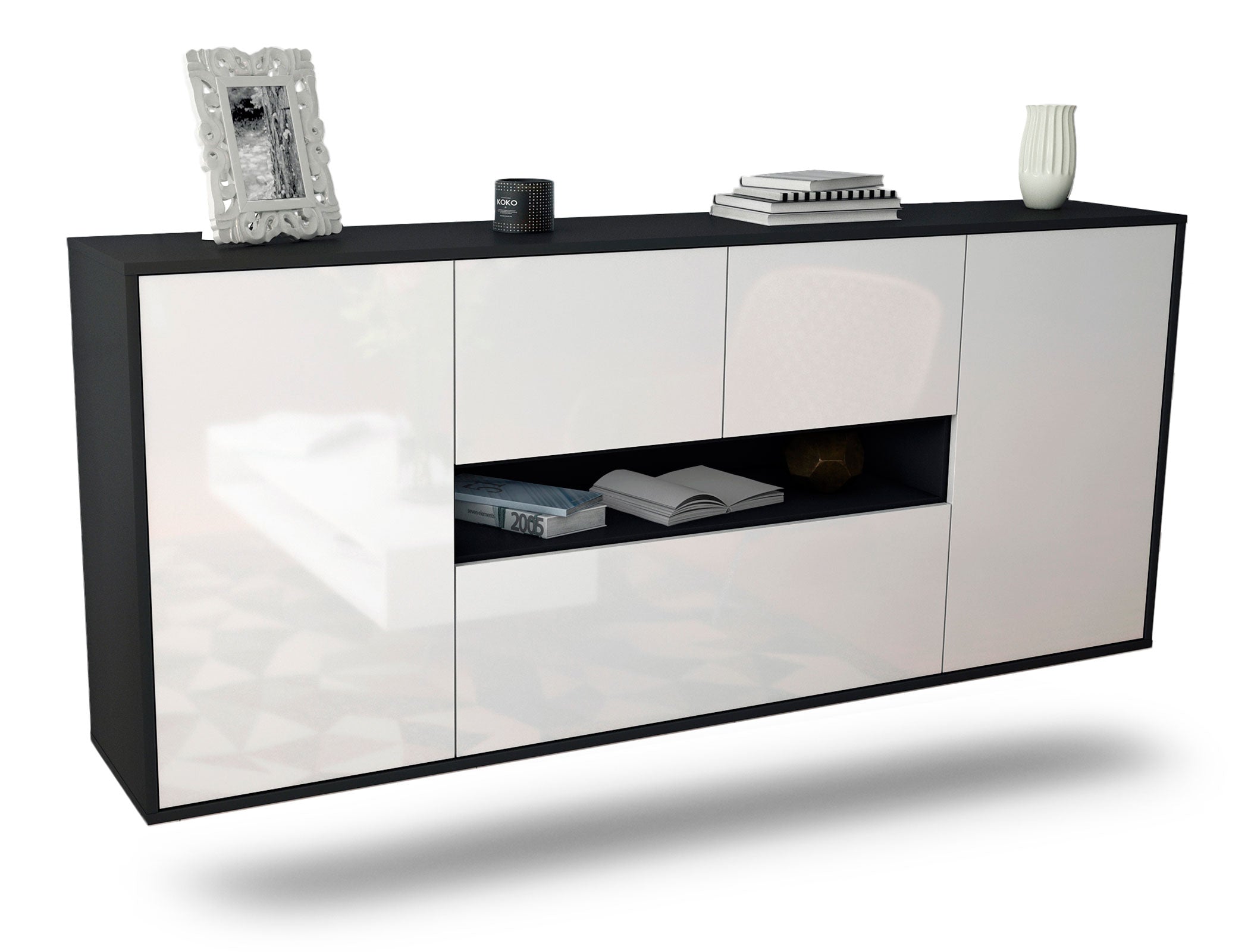 Sideboard Warren | hängend | Korpus Anthrazit | Front in Hochglanz Weiß | 180x79x35cm (BxHxT) 1 Sideboard Warren | hängend | Korpus Anthrazit | Front in Hochglanz Weiß | 180x79x35cm (BxHxT)