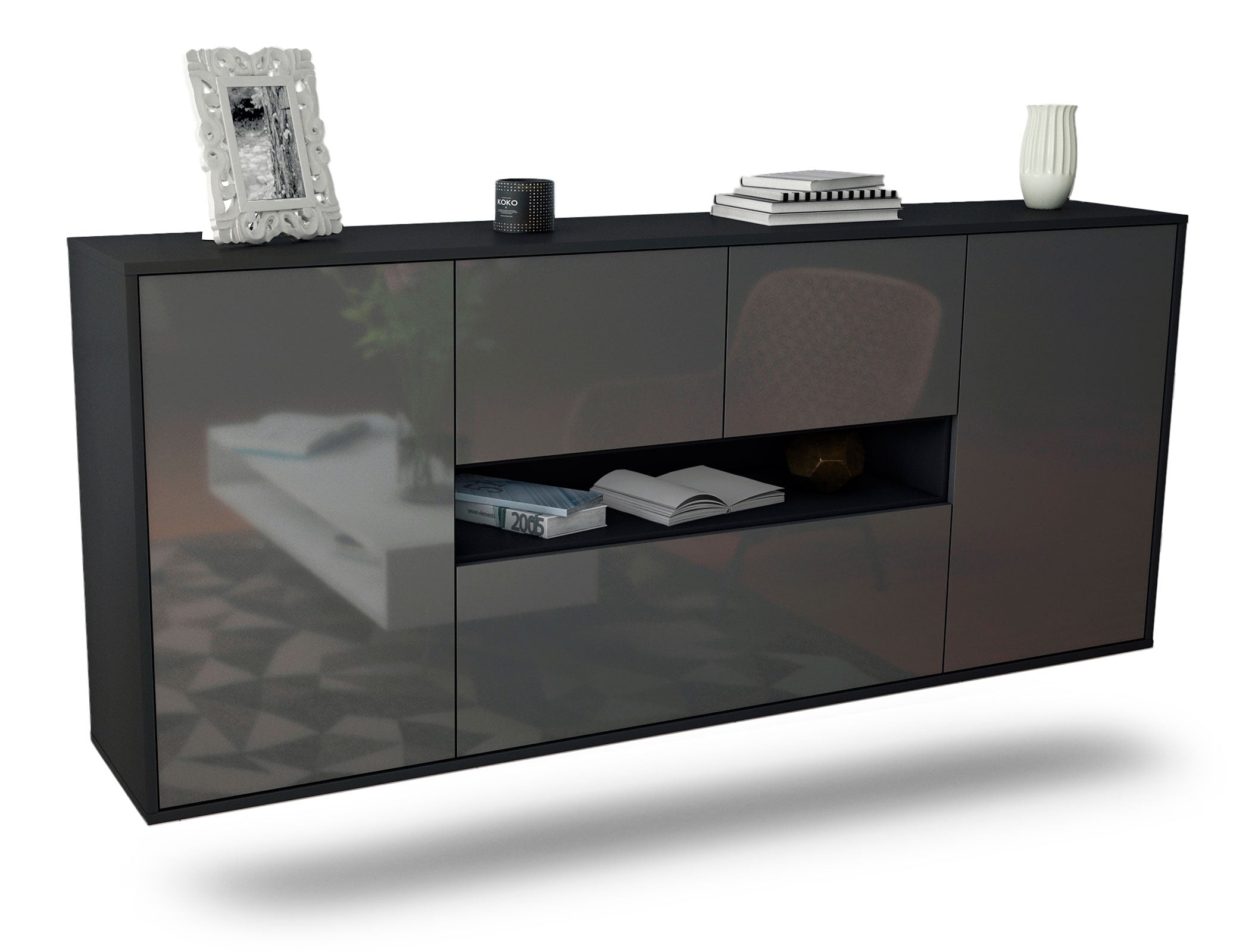 Sideboard Warren | hängend | Korpus Anthrazit | Front in Hochglanz Grau | 180x79x35cm (BxHxT) 1 Sideboard Warren | hängend | Korpus Anthrazit | Front in Hochglanz Grau | 180x79x35cm (BxHxT)