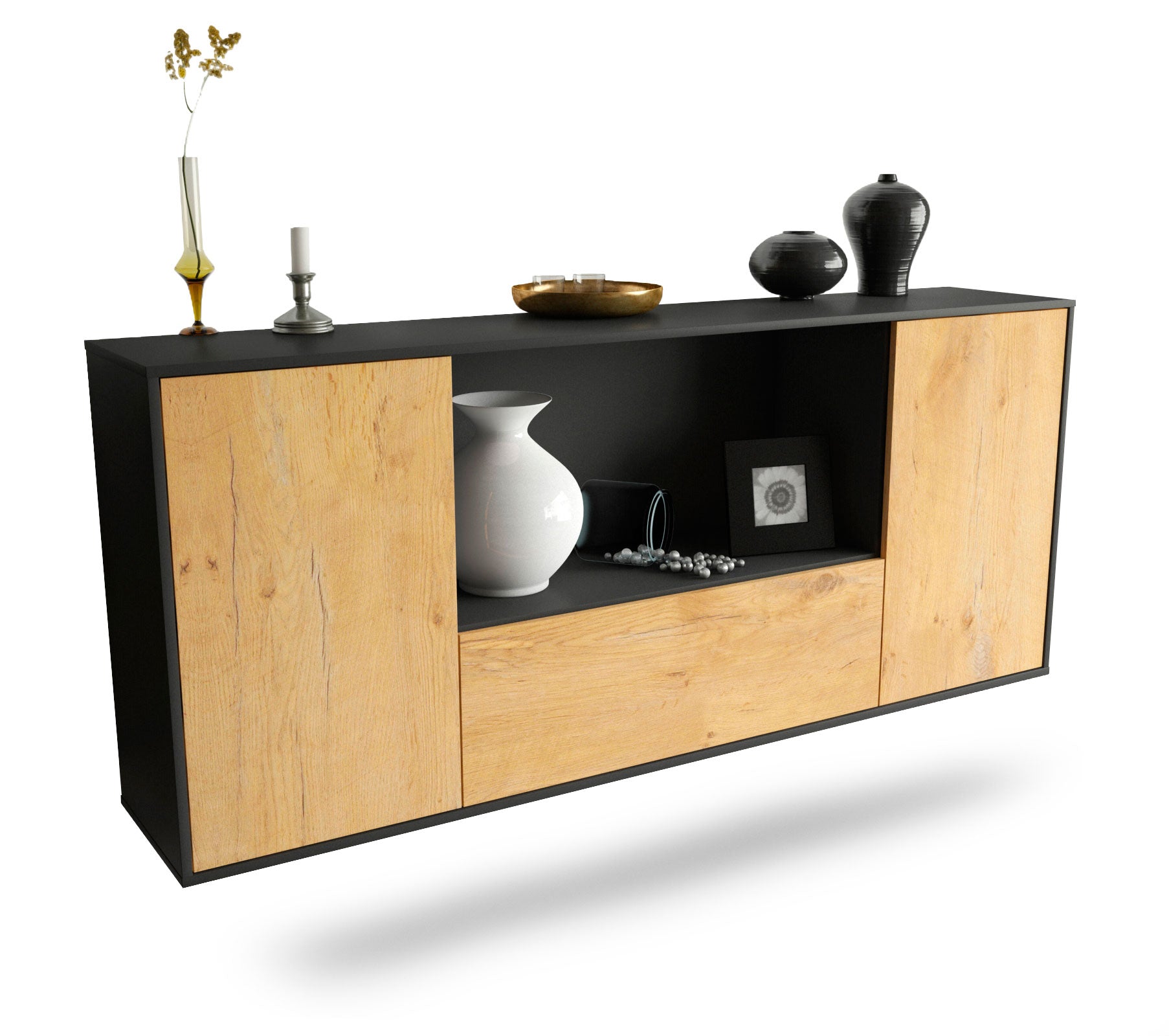 Sideboard Fort Collins | hängend | Korpus Anthrazit | Front in Eiche Holz Optik | 180x79x35cm (BxHxT) 1 Sideboard Fort Collins | hängend | Korpus Anthrazit | Front in Eiche Holz Optik | 180x79x35cm (BxHxT)