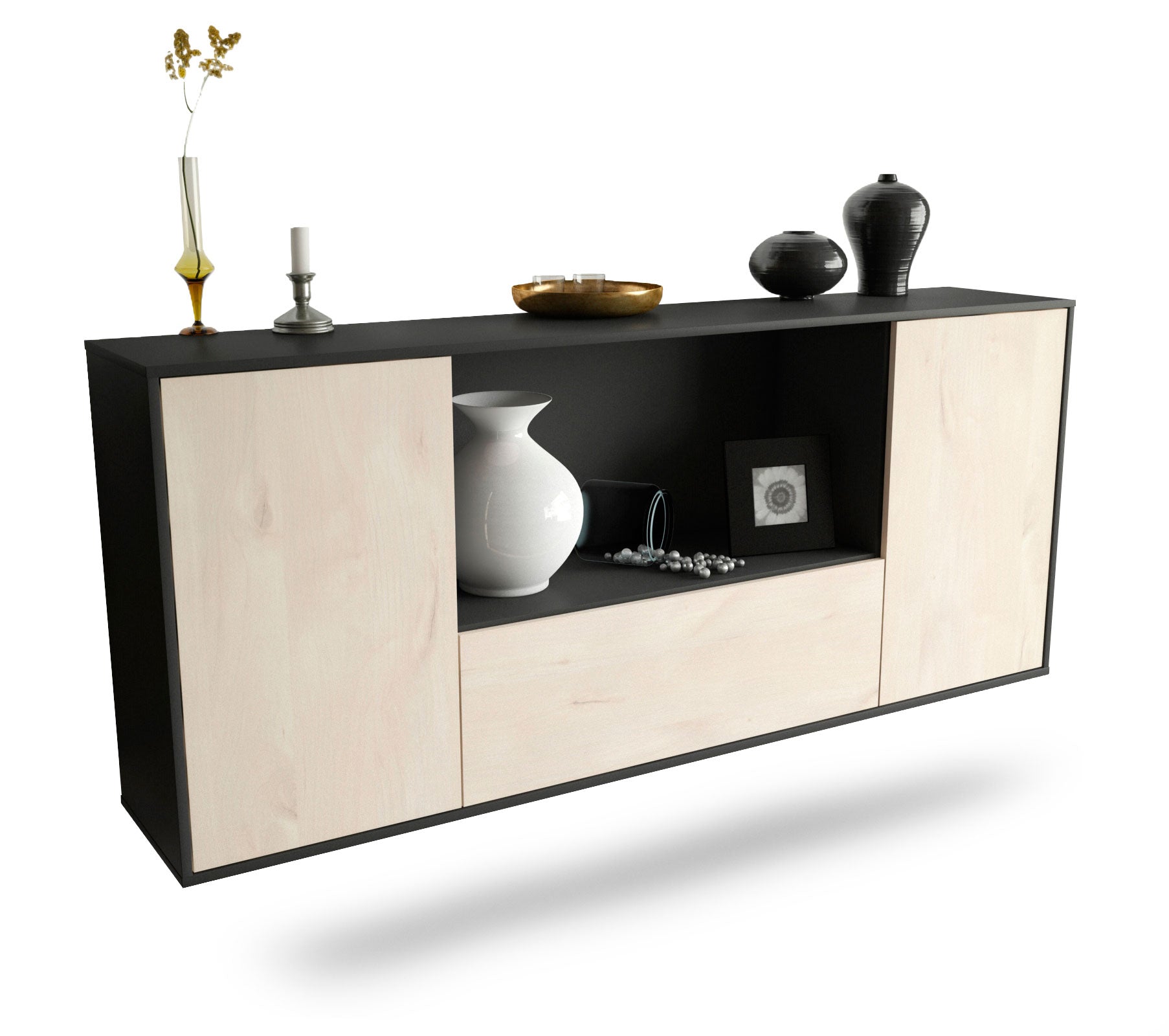 Sideboard Fort Collins | hängend | Korpus Anthrazit | Front in Zeder Holz Optik | 180x79x35cm (BxHxT) 1 Sideboard Fort Collins | hängend | Korpus Anthrazit | Front in Zeder Holz Optik | 180x79x35cm (BxHxT)