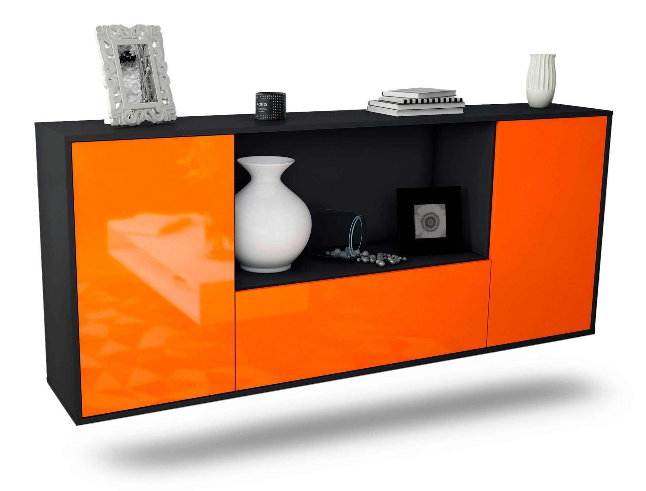 Sideboard Fort Collins | hängend | Korpus Anthrazit | Front in Hochglanz Orange | 180x79x35cm (BxHxT) 1 Sideboard Fort Collins | hängend | Korpus Anthrazit | Front in Hochglanz Orange | 180x79x35cm (BxHxT)