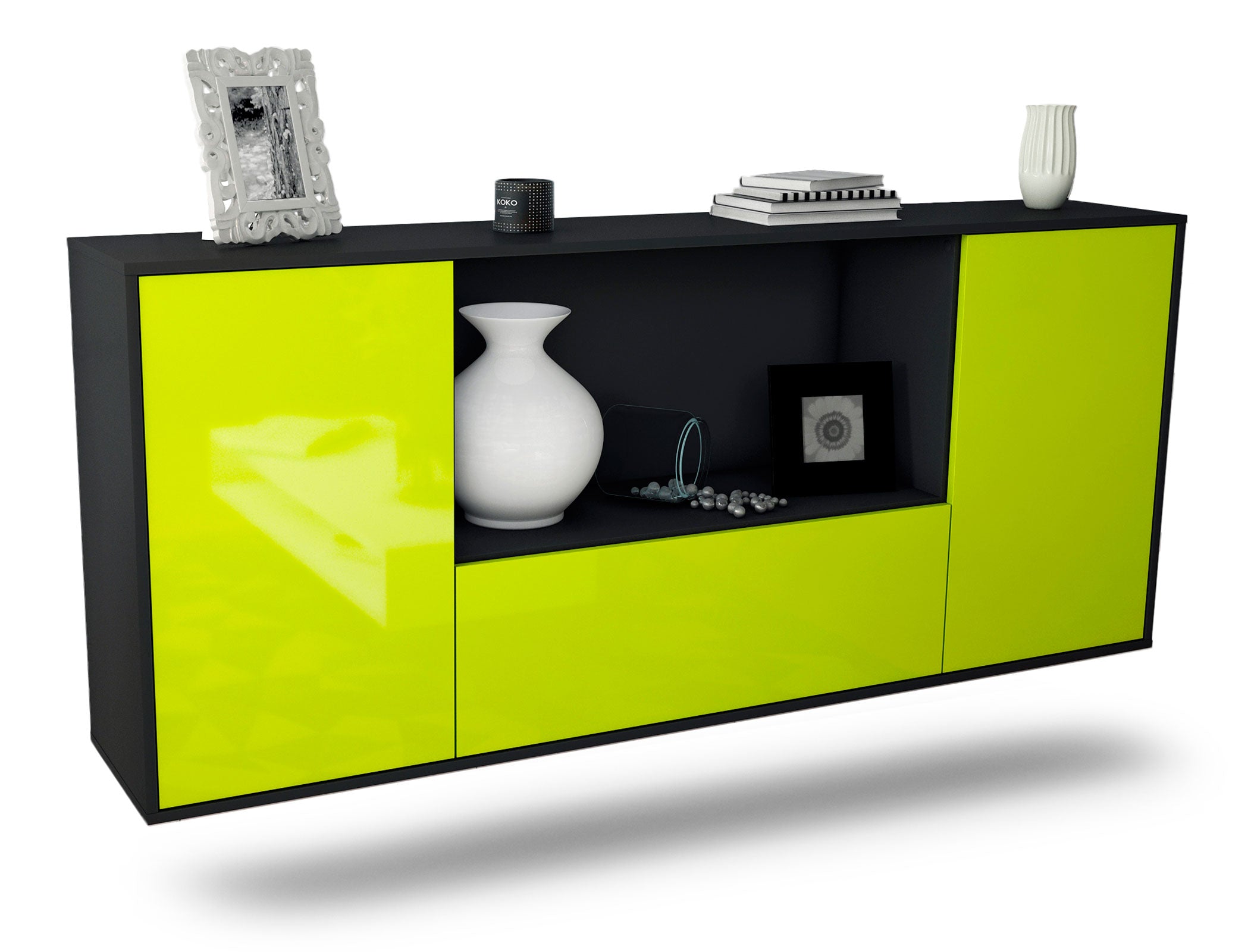 Sideboard Fort Collins | hängend | Korpus Anthrazit | Front in Hochglanz Grün | 180x79x35cm (BxHxT) 1 Sideboard Fort Collins | hängend | Korpus Anthrazit | Front in Hochglanz Grün | 180x79x35cm (BxHxT)
