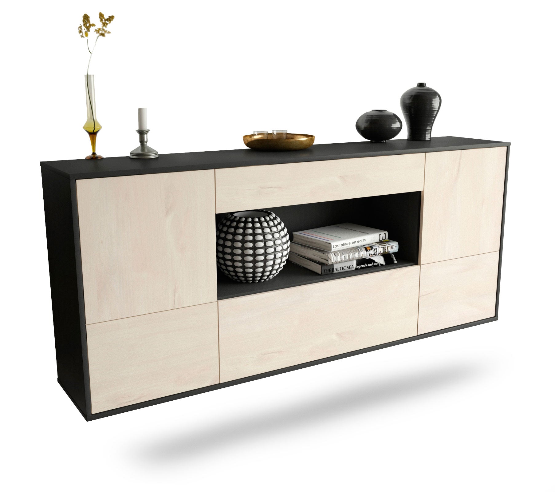 Sideboard East Los Angeles | hängend | Korpus Anthrazit | Front in Zeder Holz Optik | 180x79x35cm (BxHxT) 1 Sideboard East Los Angeles | hängend | Korpus Anthrazit | Front in Zeder Holz Optik | 180x79x35cm (BxHxT)