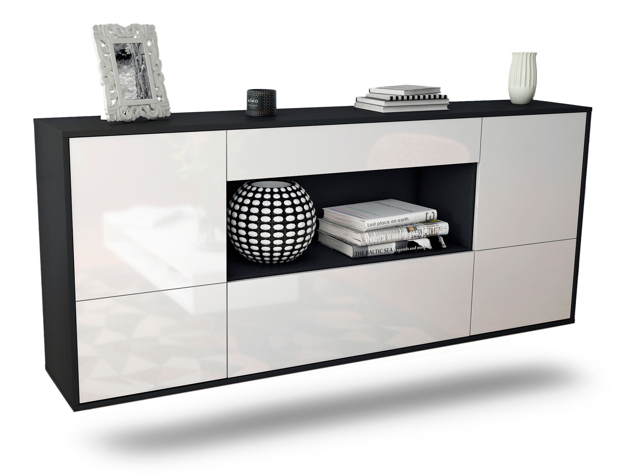 Sideboard East Los Angeles | hängend | Korpus Anthrazit | Front in Hochglanz Weiß | 180x79x35cm (BxHxT) 1 Sideboard East Los Angeles | hängend | Korpus Anthrazit | Front in Hochglanz Weiß | 180x79x35cm (BxHxT)