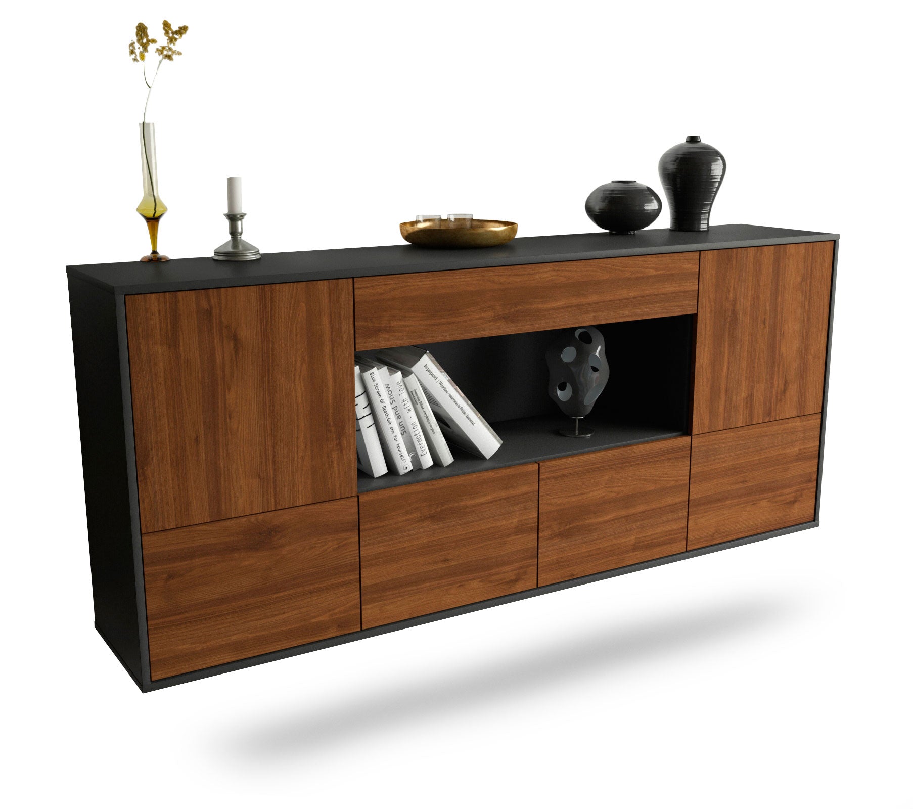 Sideboard Fullerton | hängend | Korpus Anthrazit | Front in Walnuss Holz Optik | 180x79x35cm (BxHxT) 1 Sideboard Fullerton | hängend | Korpus Anthrazit | Front in Walnuss Holz Optik | 180x79x35cm (BxHxT)