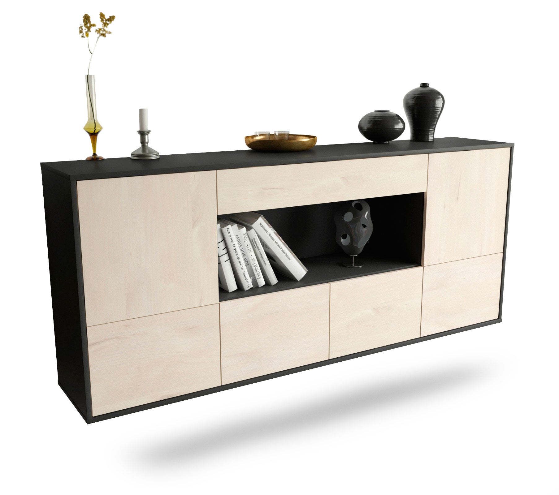 Sideboard Fullerton | hängend | Korpus Anthrazit | Front in Zeder Holz Optik | 180x79x35cm (BxHxT) 1 Sideboard Fullerton | hängend | Korpus Anthrazit | Front in Zeder Holz Optik | 180x79x35cm (BxHxT)