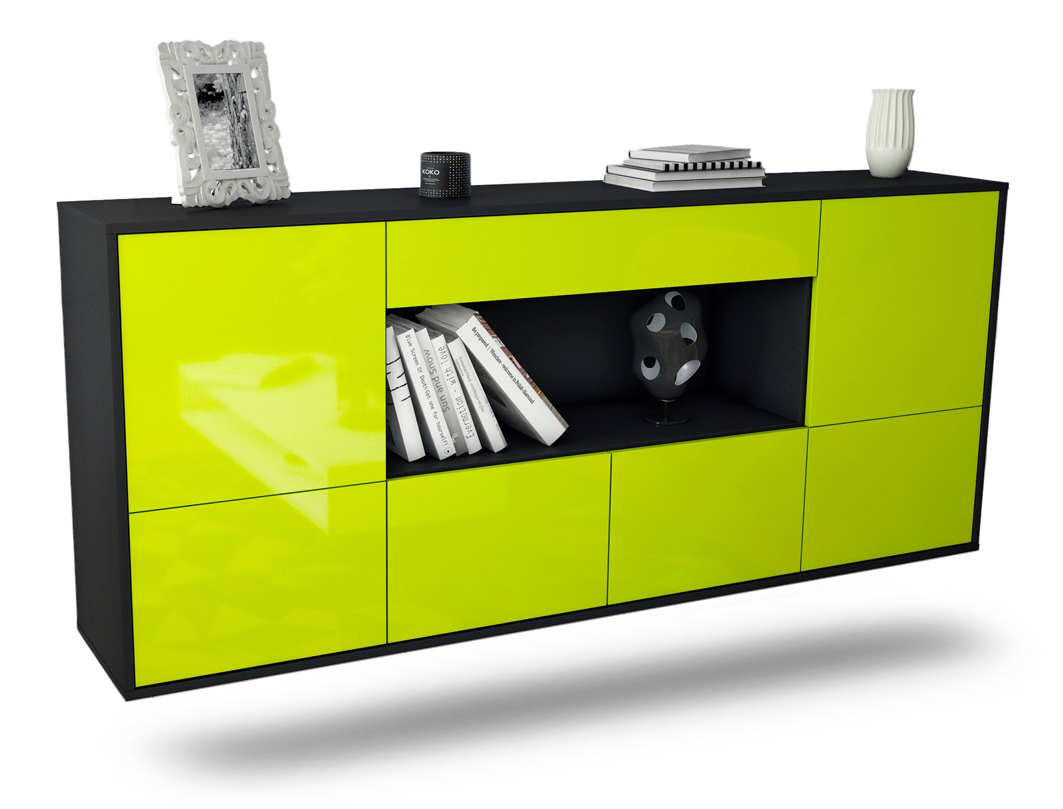 Sideboard Fullerton | hängend | Korpus Anthrazit | Front in Hochglanz Grün | 180x79x35cm (BxHxT) 1 Sideboard Fullerton | hängend | Korpus Anthrazit | Front in Hochglanz Grün | 180x79x35cm (BxHxT)