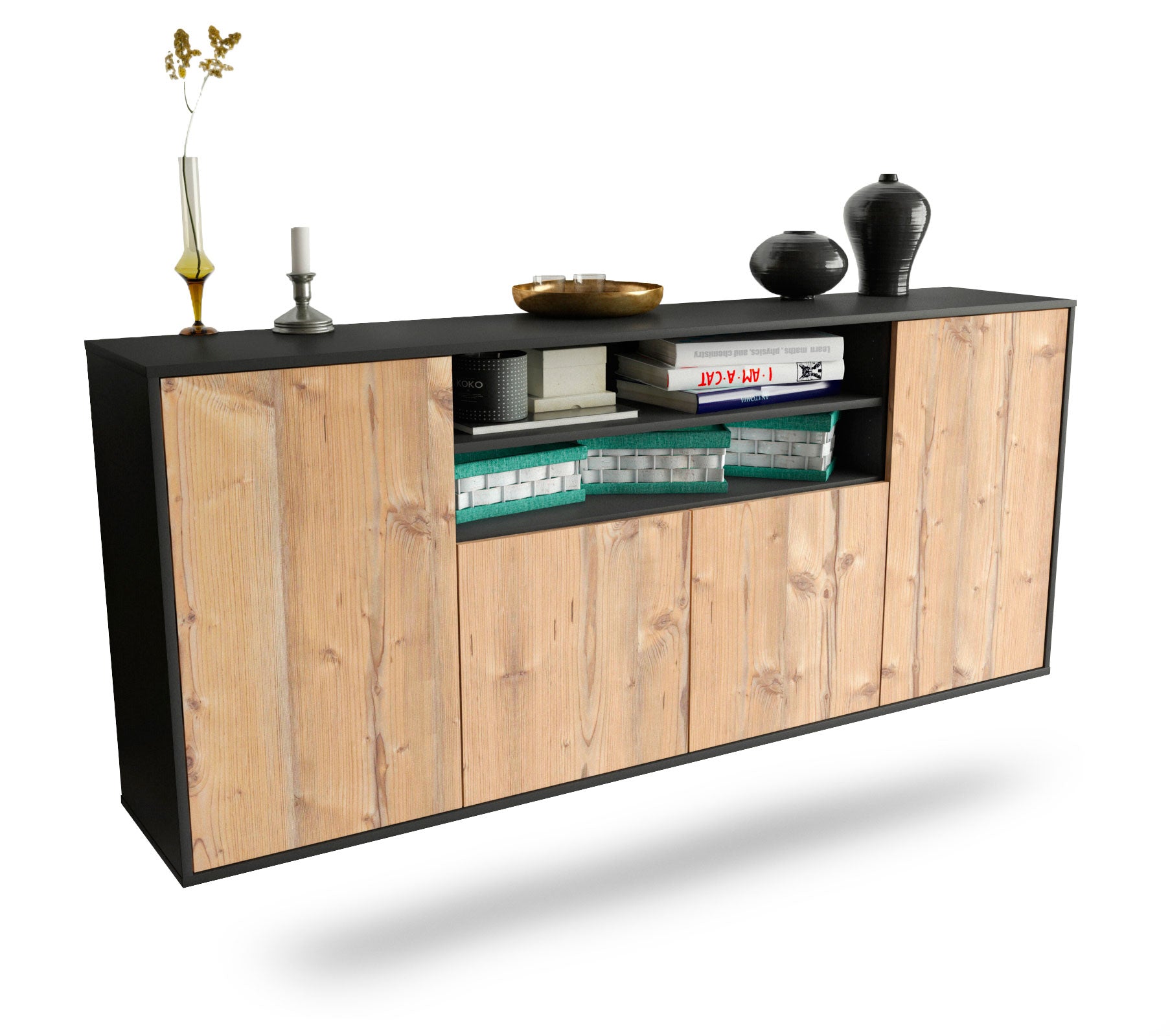 Sideboard Mesquite | hängend | Korpus Anthrazit | Front in Pinie Holz Optik | 180x79x35cm (BxHxT) 1 Sideboard Mesquite | hängend | Korpus Anthrazit | Front in Pinie Holz Optik | 180x79x35cm (BxHxT)