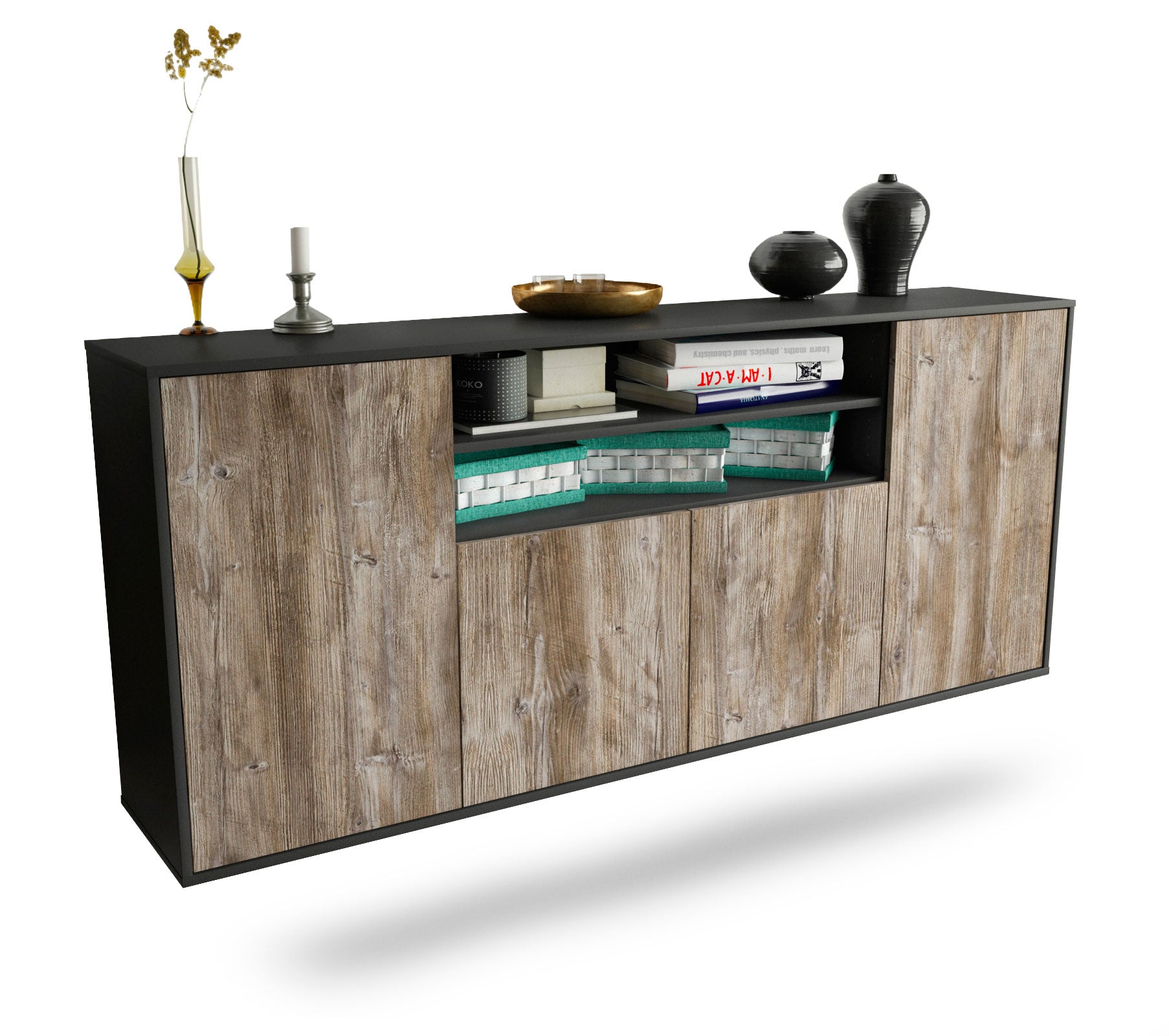 Sideboard Mesquite | hängend | Korpus Anthrazit | Front in Treibholz Holz Optik | 180x79x35cm (BxHxT) 1 Sideboard Mesquite | hängend | Korpus Anthrazit | Front in Treibholz Holz Optik | 180x79x35cm (BxHxT)