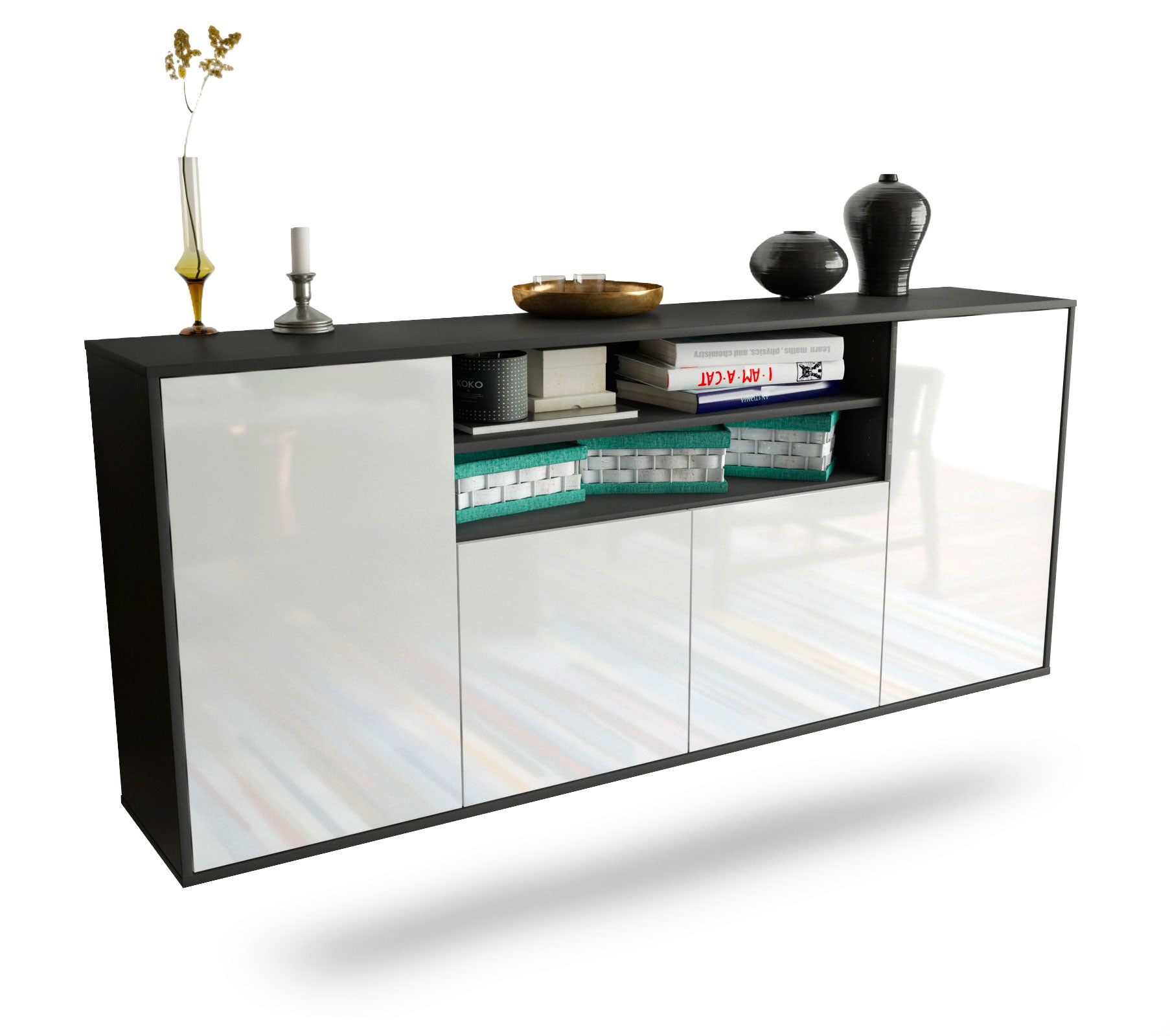 Sideboard Mesquite | hängend | Korpus Anthrazit | Front in Hochglanz Weiß | 180x79x35cm (BxHxT) 1 Sideboard Mesquite | hängend | Korpus Anthrazit | Front in Hochglanz Weiß | 180x79x35cm (BxHxT)