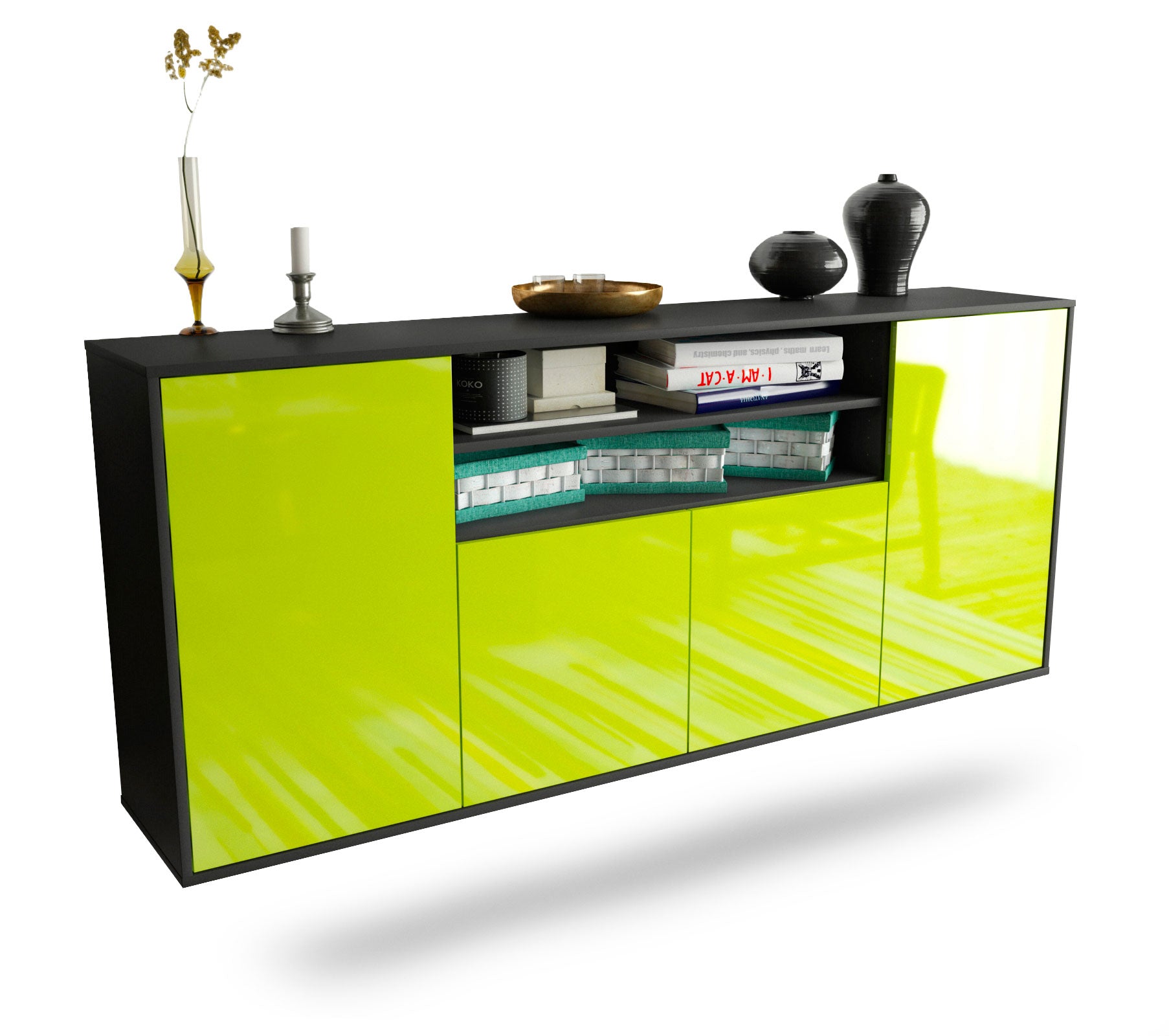 Sideboard Mesquite | hängend | Korpus Anthrazit | Front in Hochglanz Grün | 180x79x35cm (BxHxT) 1 Sideboard Mesquite | hängend | Korpus Anthrazit | Front in Hochglanz Grün | 180x79x35cm (BxHxT)