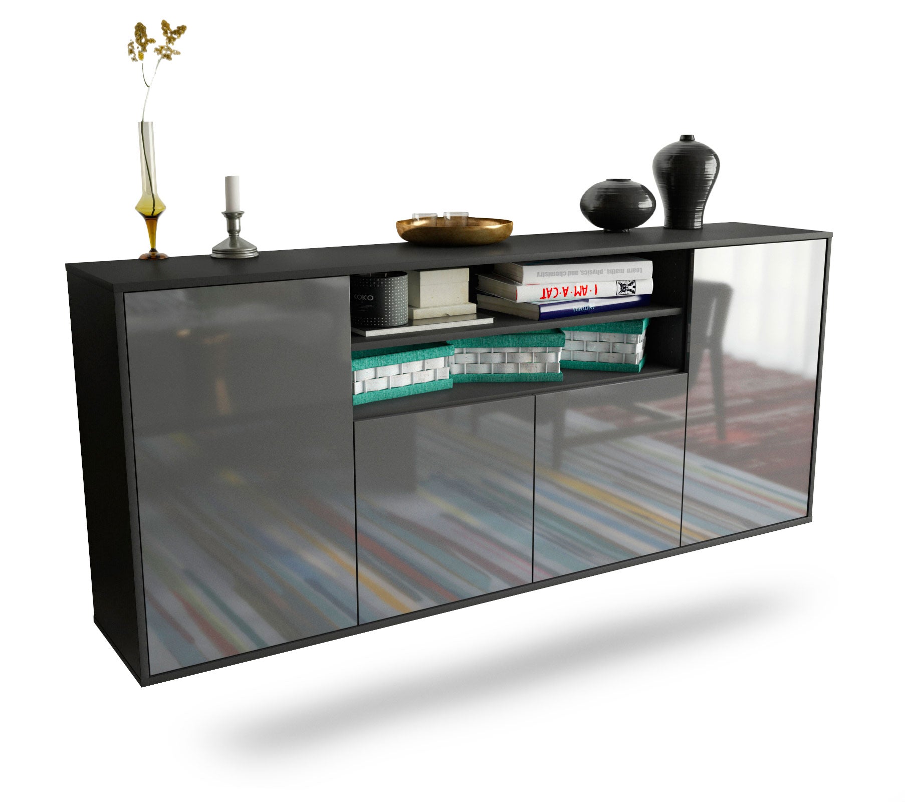 Sideboard Mesquite | hängend | Korpus Anthrazit | Front in Hochglanz Grau | 180x79x35cm (BxHxT) 1 Sideboard Mesquite | hängend | Korpus Anthrazit | Front in Hochglanz Grau | 180x79x35cm (BxHxT)