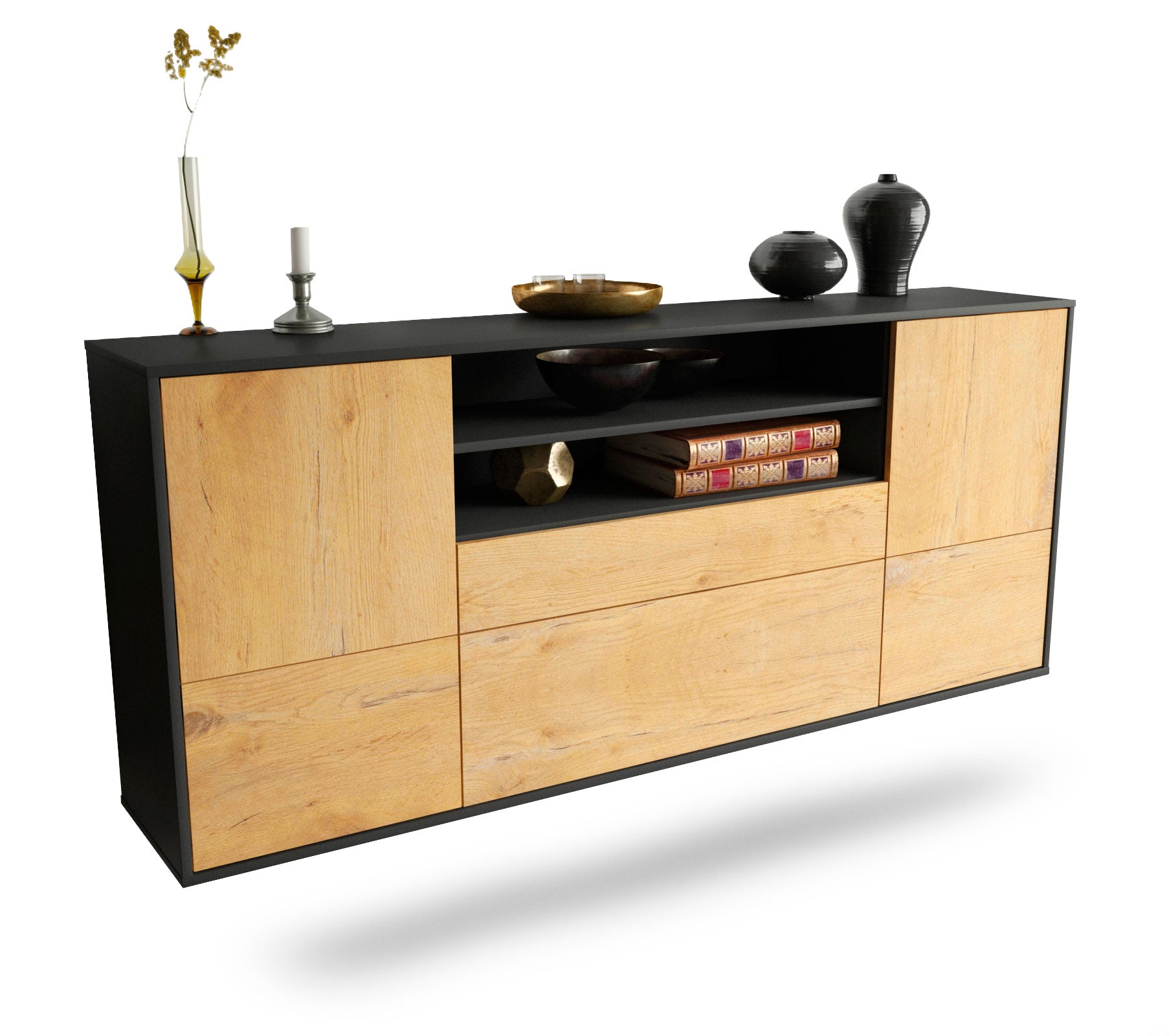 Sideboard Elk Grove | hängend | Korpus Anthrazit | Front in Eiche Holz Optik | 180x79x35cm (BxHxT) 1 Sideboard Elk Grove | hängend | Korpus Anthrazit | Front in Eiche Holz Optik | 180x79x35cm (BxHxT)