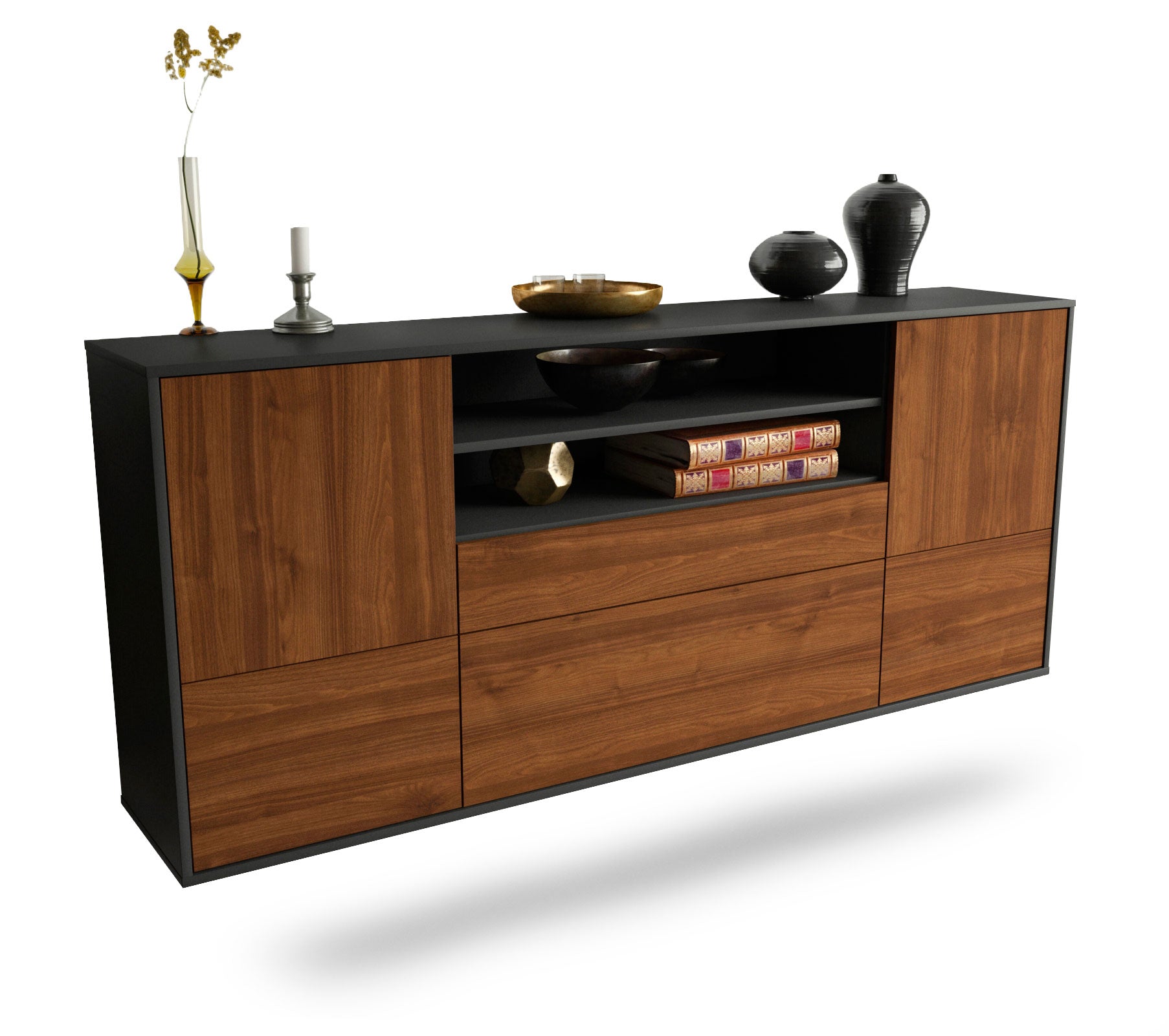 Sideboard Elk Grove | hängend | Korpus Anthrazit | Front in Walnuss Holz Optik | 180x79x35cm (BxHxT) 1 Sideboard Elk Grove | hängend | Korpus Anthrazit | Front in Walnuss Holz Optik | 180x79x35cm (BxHxT)