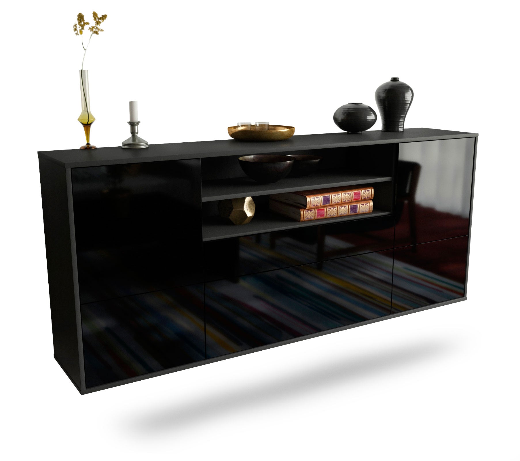 Sideboard Elk Grove | hängend | Korpus Anthrazit | Front in Hochglanz Schwarz | 180x79x35cm (BxHxT) 1 Sideboard Elk Grove | hängend | Korpus Anthrazit | Front in Hochglanz Schwarz | 180x79x35cm (BxHxT)