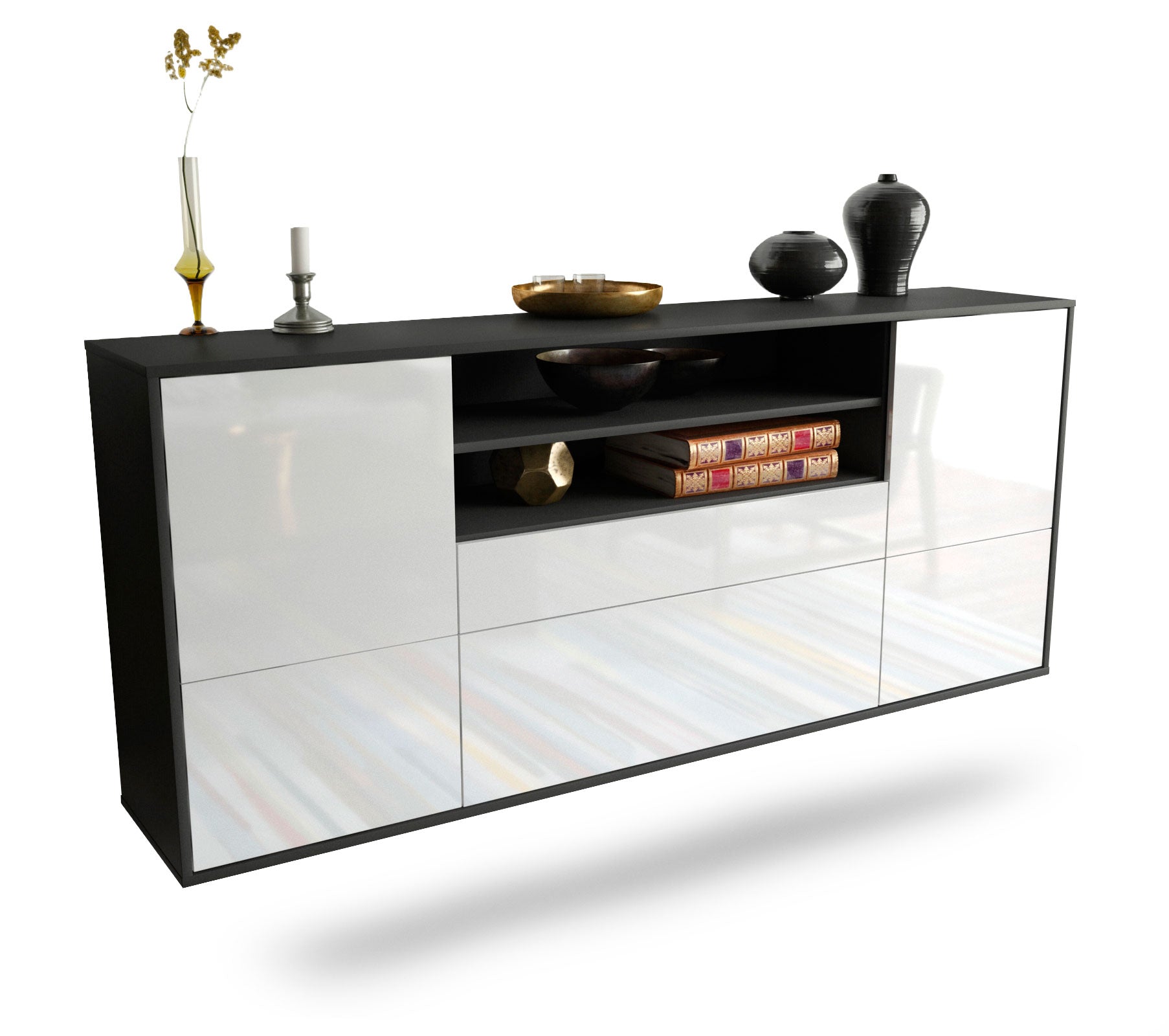 Sideboard Elk Grove | hängend | Korpus Anthrazit | Front in Hochglanz Weiß | 180x79x35cm (BxHxT) 1 Sideboard Elk Grove | hängend | Korpus Anthrazit | Front in Hochglanz Weiß | 180x79x35cm (BxHxT)