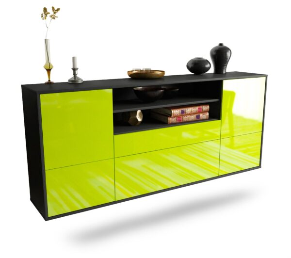 Sideboard Elk Grove | hängend | Korpus Anthrazit | Front in Hochglanz Grün | 180x79x35cm (BxHxT)
