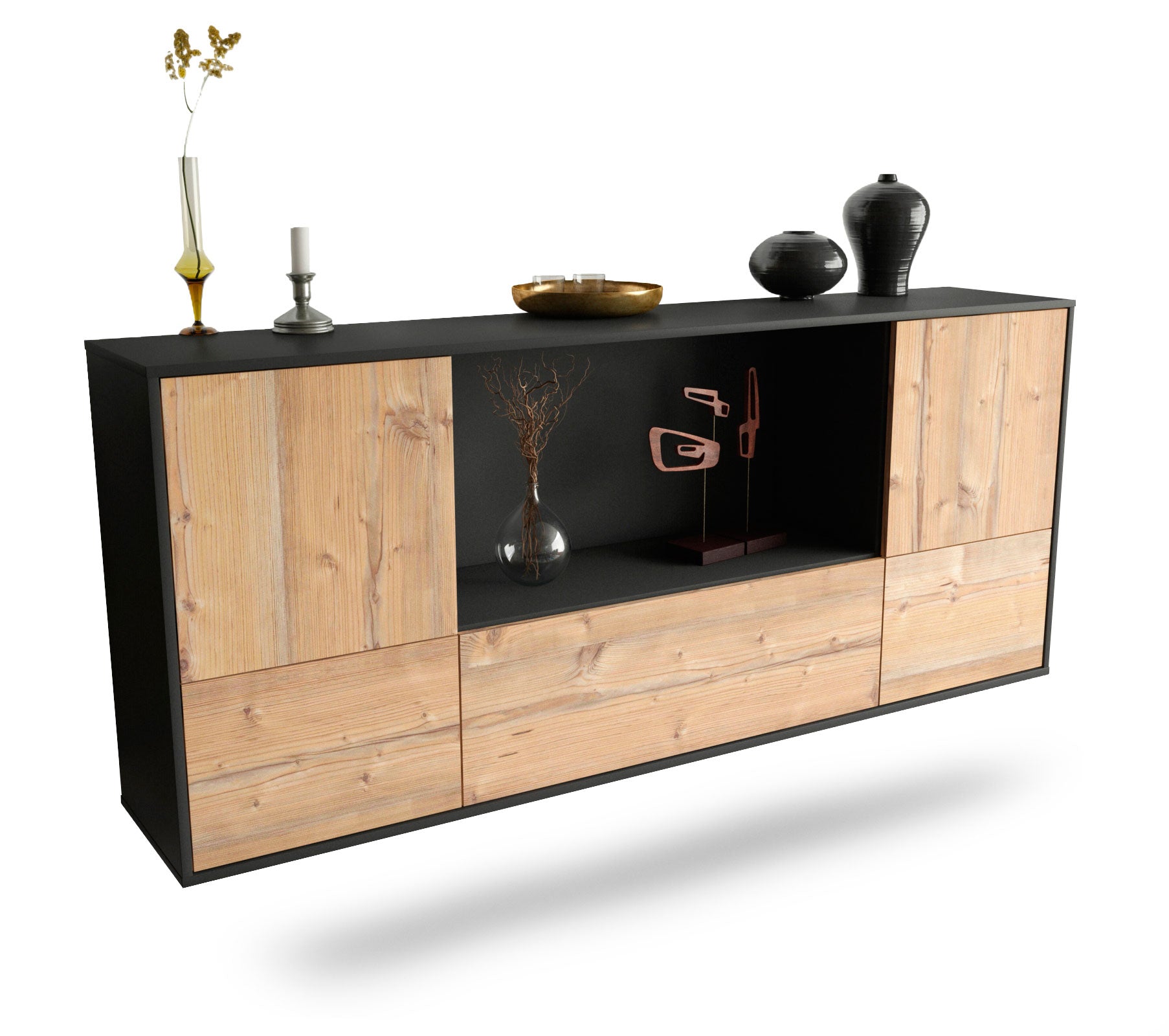 Sideboard Sunnyvale | hängend | Korpus Anthrazit | Front in Pinie Holz Optik | 180x79x35cm (BxHxT) 1 Sideboard Sunnyvale | hängend | Korpus Anthrazit | Front in Pinie Holz Optik | 180x79x35cm (BxHxT)