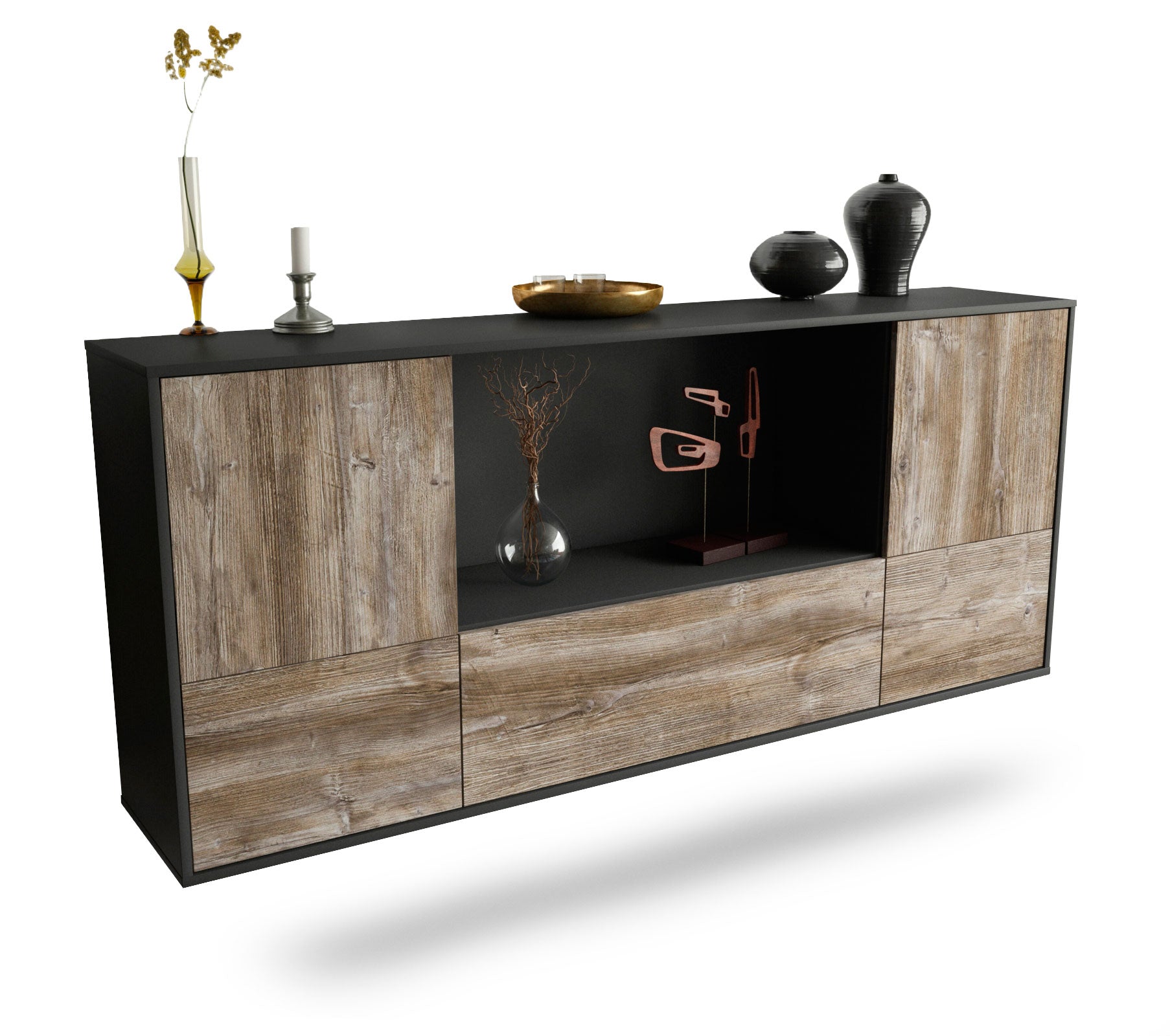 Sideboard Sunnyvale | hängend | Korpus Anthrazit | Front in Treibholz Holz Optik | 180x79x35cm (BxHxT) 1 Sideboard Sunnyvale | hängend | Korpus Anthrazit | Front in Treibholz Holz Optik | 180x79x35cm (BxHxT)