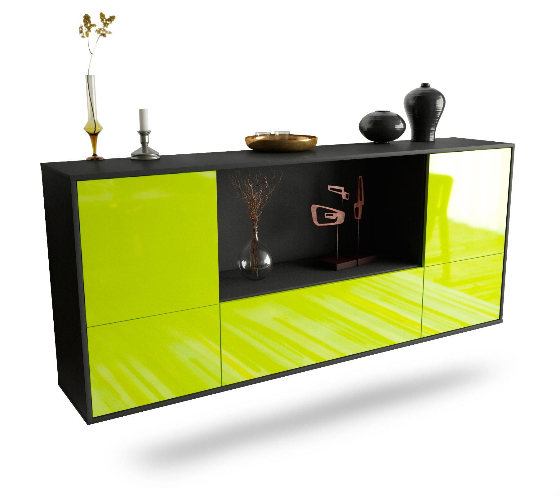 Sideboard Sunnyvale | hängend | Korpus Anthrazit | Front in Hochglanz Grün | 180x79x35cm (BxHxT) 1 Sideboard Sunnyvale | hängend | Korpus Anthrazit | Front in Hochglanz Grün | 180x79x35cm (BxHxT)