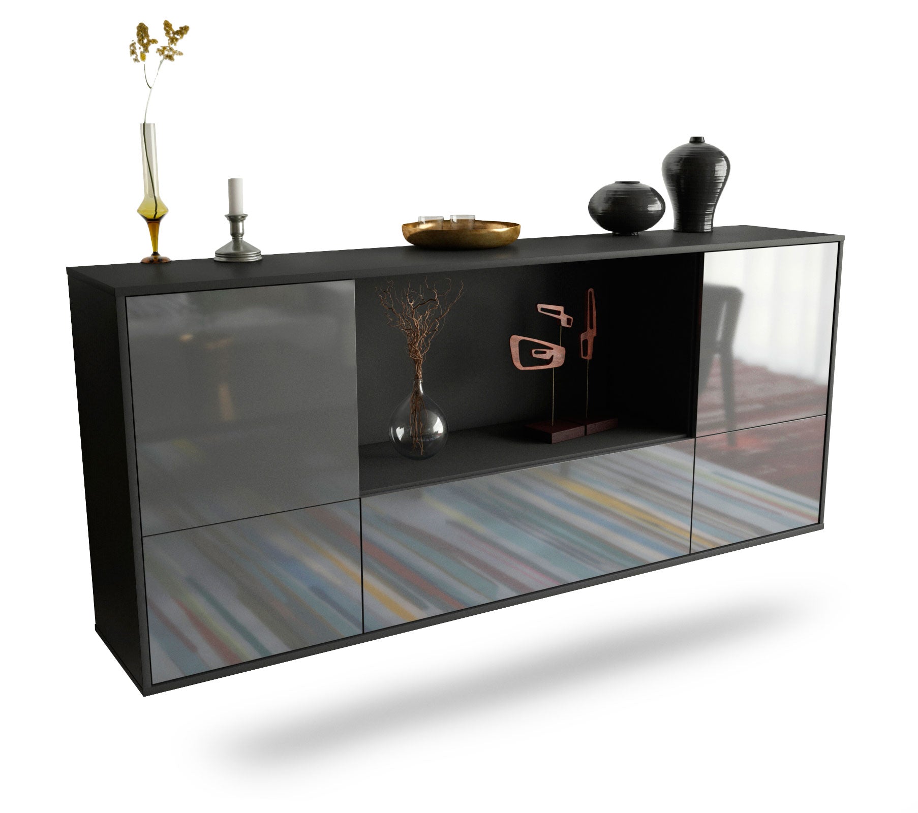 Sideboard Sunnyvale | hängend | Korpus Anthrazit | Front in Hochglanz Grau | 180x79x35cm (BxHxT) 1 Sideboard Sunnyvale | hängend | Korpus Anthrazit | Front in Hochglanz Grau | 180x79x35cm (BxHxT)