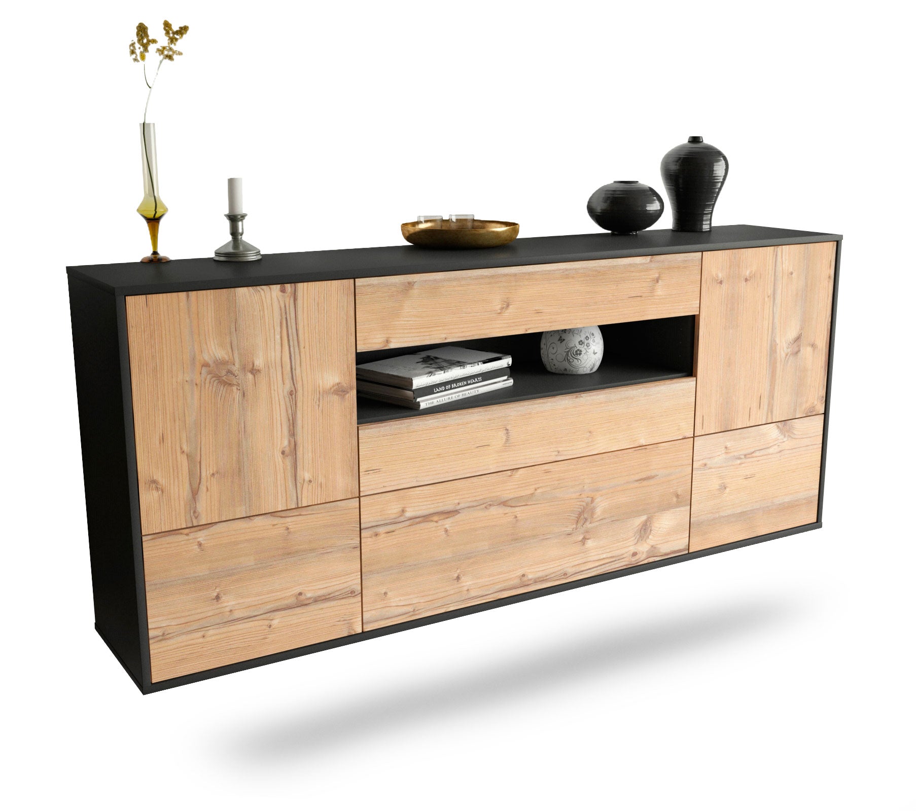 Sideboard Savannah | hängend | Korpus Anthrazit | Front in Pinie Holz Optik | 180x79x35cm (BxHxT) 1 Sideboard Savannah | hängend | Korpus Anthrazit | Front in Pinie Holz Optik | 180x79x35cm (BxHxT)