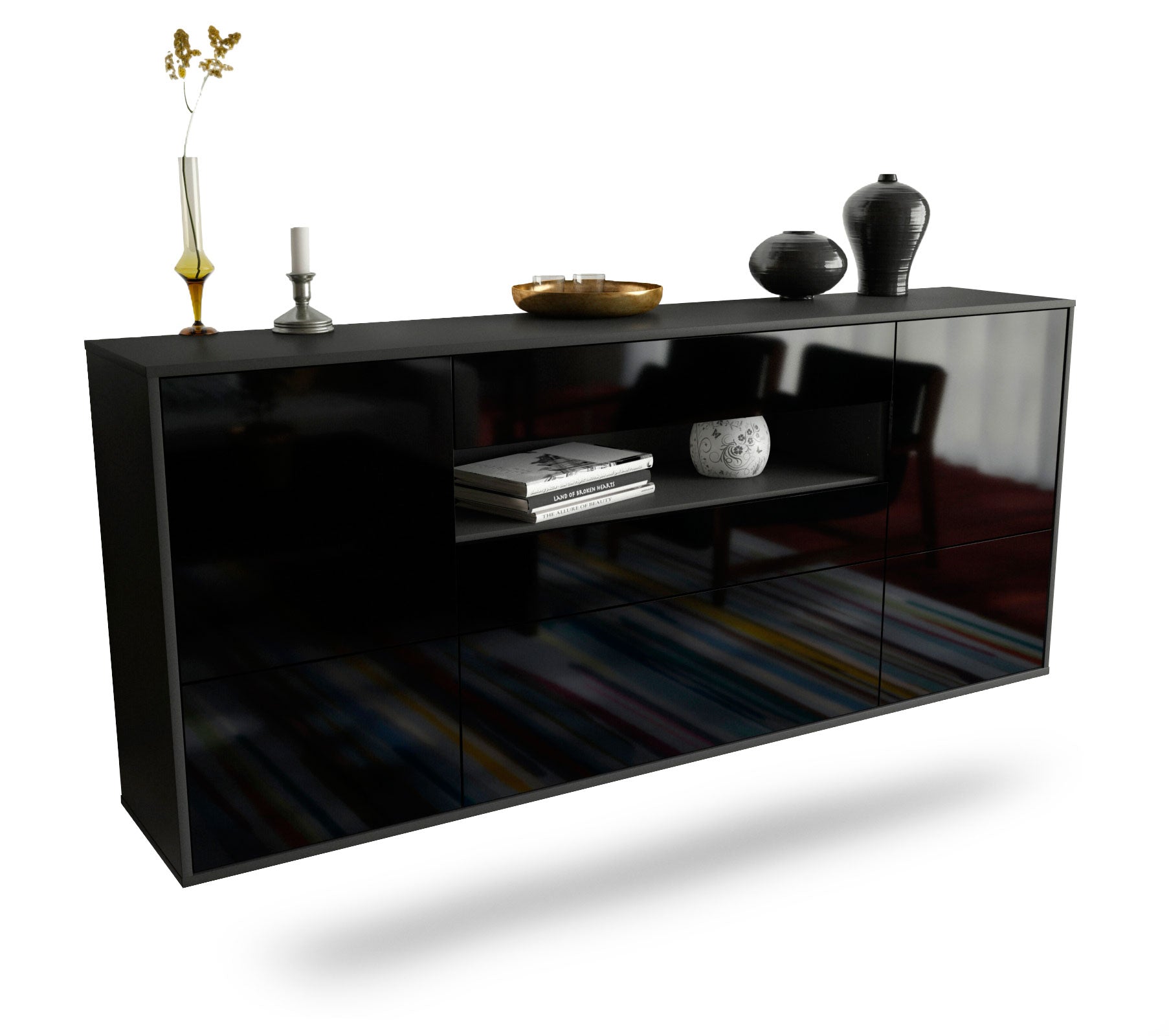 Sideboard Savannah | hängend | Korpus Anthrazit | Front in Hochglanz Schwarz | 180x79x35cm (BxHxT) 1 Sideboard Savannah | hängend | Korpus Anthrazit | Front in Hochglanz Schwarz | 180x79x35cm (BxHxT)