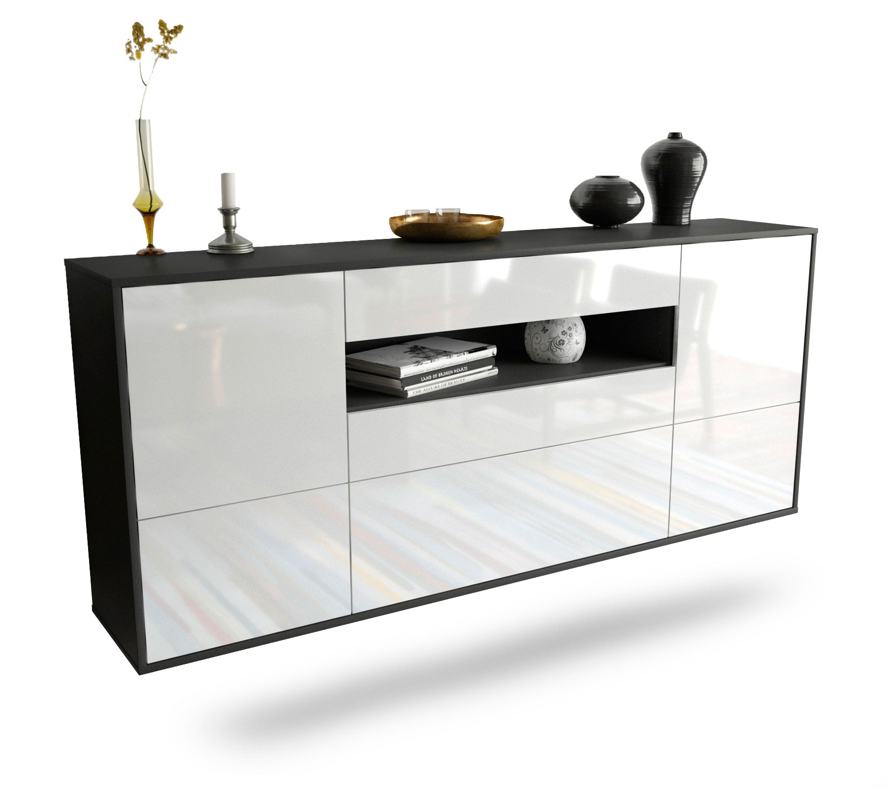 Sideboard Savannah | hängend | Korpus Anthrazit | Front in Hochglanz Weiß | 180x79x35cm (BxHxT) 1 Sideboard Savannah | hängend | Korpus Anthrazit | Front in Hochglanz Weiß | 180x79x35cm (BxHxT)