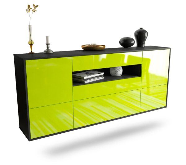 Sideboard Savannah | hängend | Korpus Anthrazit | Front in Hochglanz Grün | 180x79x35cm (BxHxT)