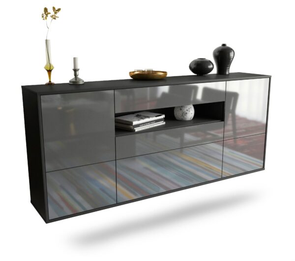 Sideboard Savannah | hängend | Korpus Anthrazit | Front in Hochglanz Grau | 180x79x35cm (BxHxT)