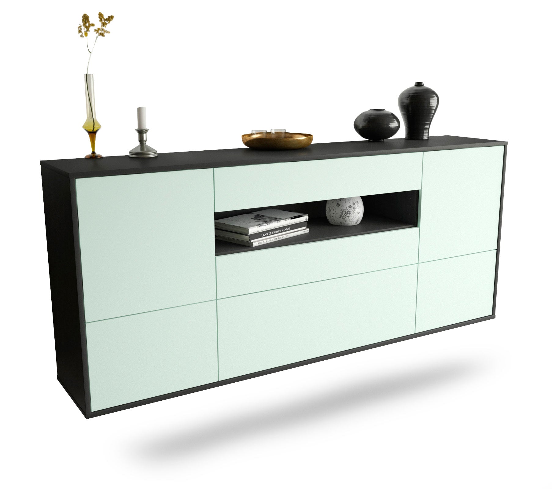 Sideboard Savannah | hängend | Korpus Anthrazit | Front in Mint | 180x79x35cm (BxHxT) 1 Sideboard Savannah | hängend | Korpus Anthrazit | Front in Mint | 180x79x35cm (BxHxT)