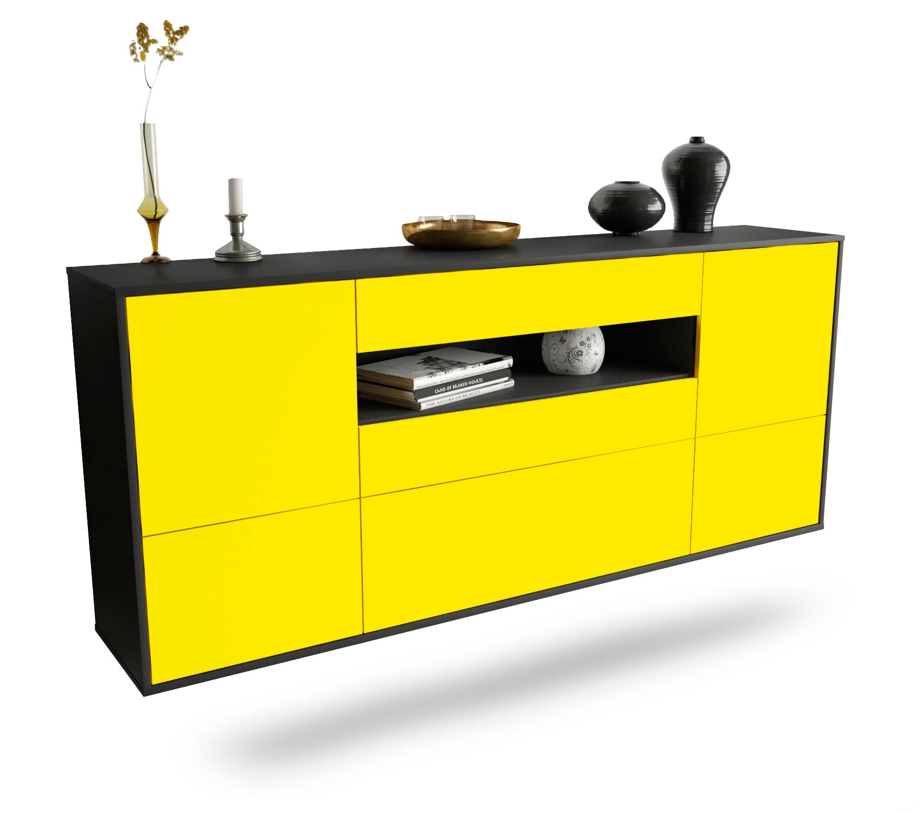 Sideboard Savannah | hängend | Korpus Anthrazit | Front in Gelb | 180x79x35cm (BxHxT) 1 Sideboard Savannah | hängend | Korpus Anthrazit | Front in Gelb | 180x79x35cm (BxHxT)