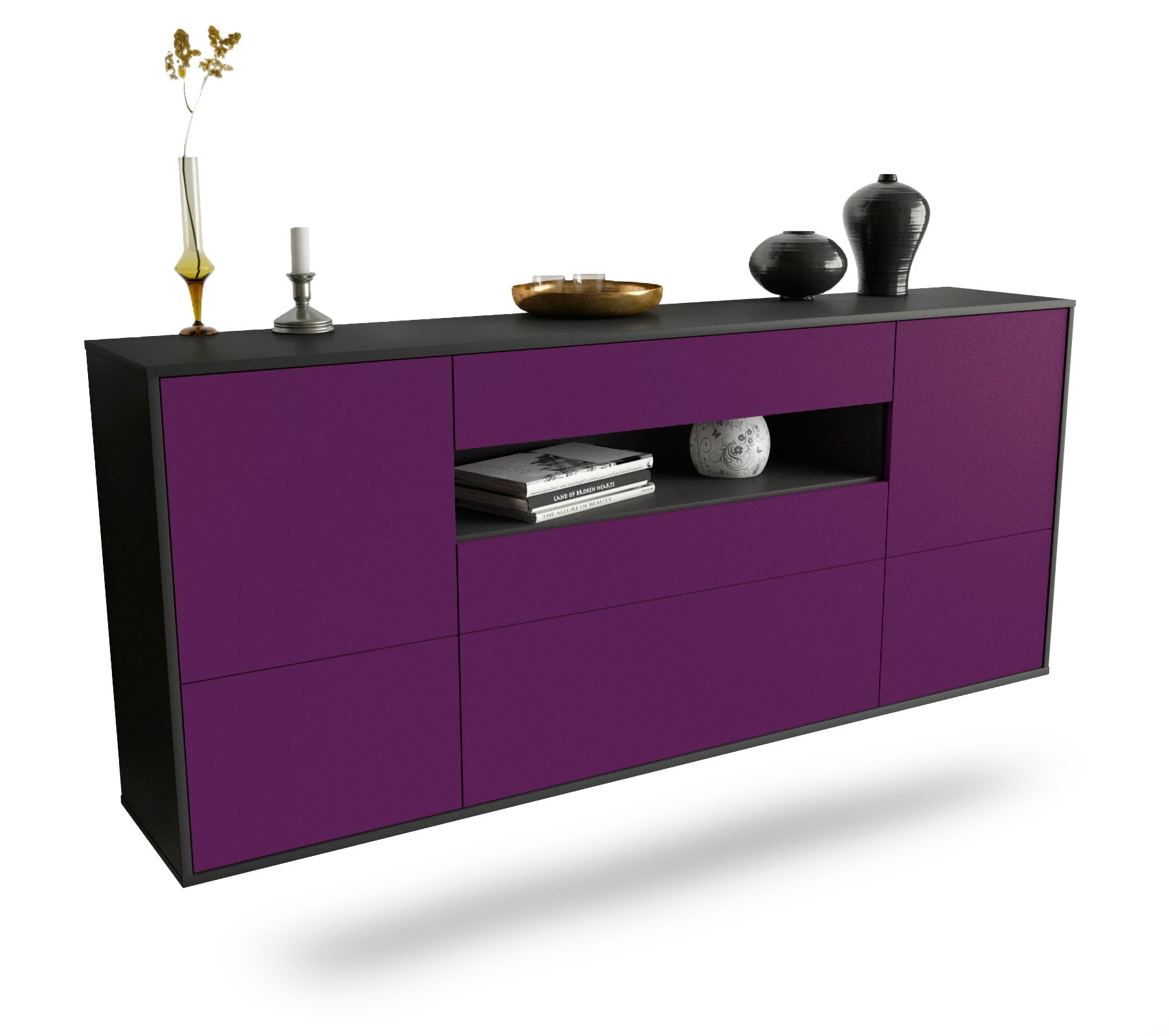 Sideboard Savannah | hängend | Korpus Anthrazit | Front in Lila | 180x79x35cm (BxHxT) 1 Sideboard Savannah | hängend | Korpus Anthrazit | Front in Lila | 180x79x35cm (BxHxT)