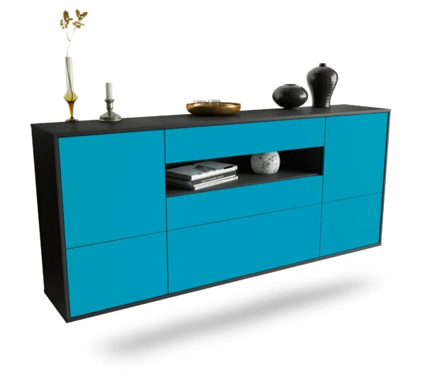 Sideboard Savannah | hängend | Korpus Anthrazit | Front in Türkis | 180x79x35cm (BxHxT)