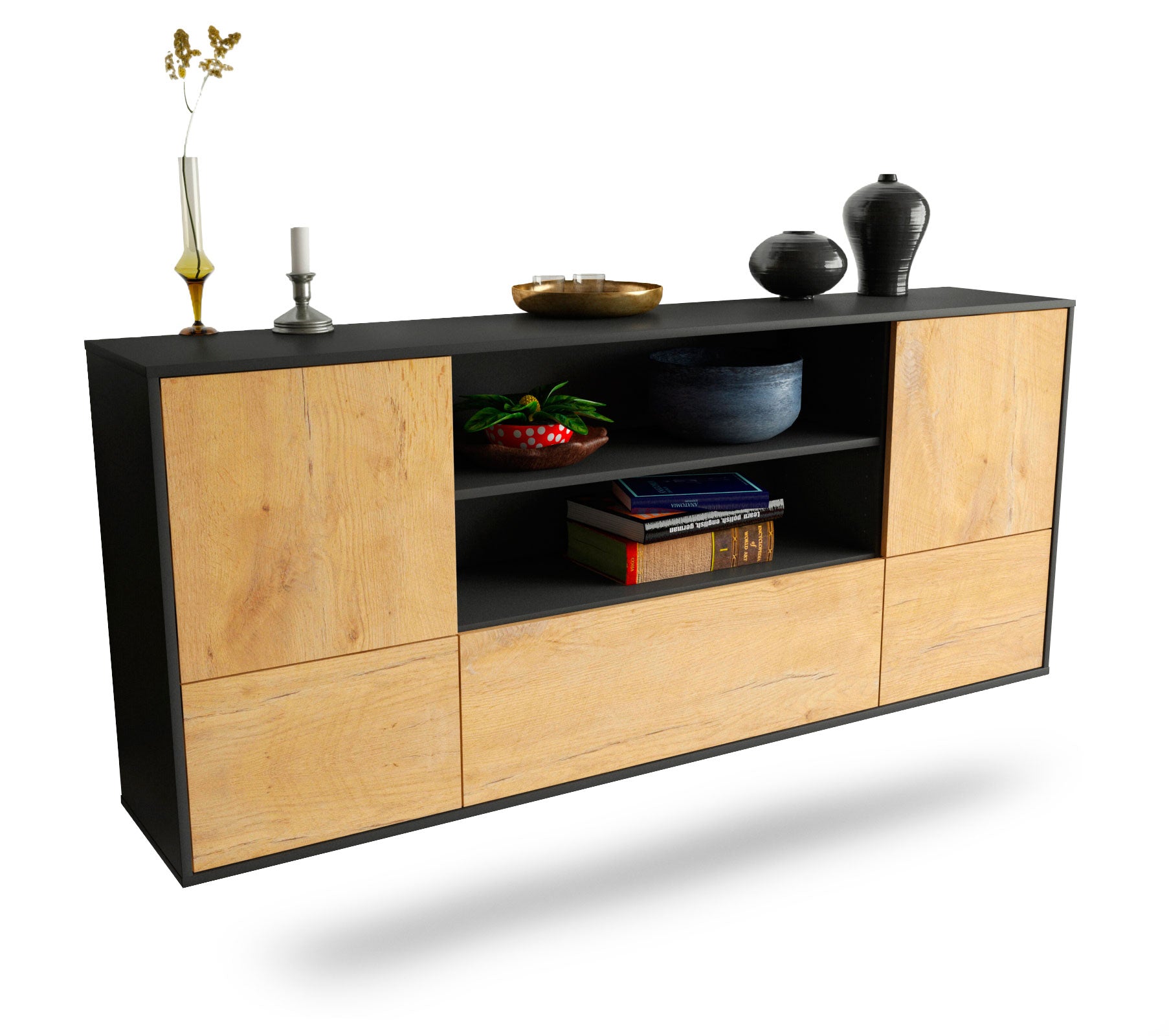 Sideboard Sterling Heights | hängend | Korpus Anthrazit | Front in Eiche Holz Optik | 180x79x35cm (BxHxT) 1 Sideboard Sterling Heights | hängend | Korpus Anthrazit | Front in Eiche Holz Optik | 180x79x35cm (BxHxT)