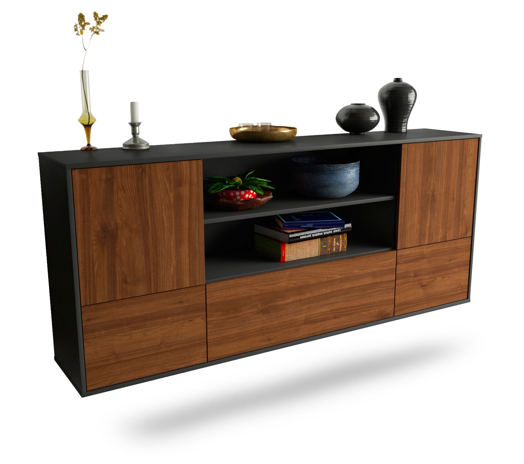 Sideboard Sterling Heights | hängend | Korpus Anthrazit | Front in Walnuss Holz Optik | 180x79x35cm (BxHxT) 1 Sideboard Sterling Heights | hängend | Korpus Anthrazit | Front in Walnuss Holz Optik | 180x79x35cm (BxHxT)