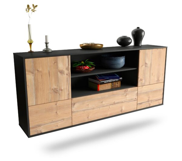 Sideboard Sterling Heights | hängend | Korpus Anthrazit | Front in Pinie Holz Optik | 180x79x35cm (BxHxT)