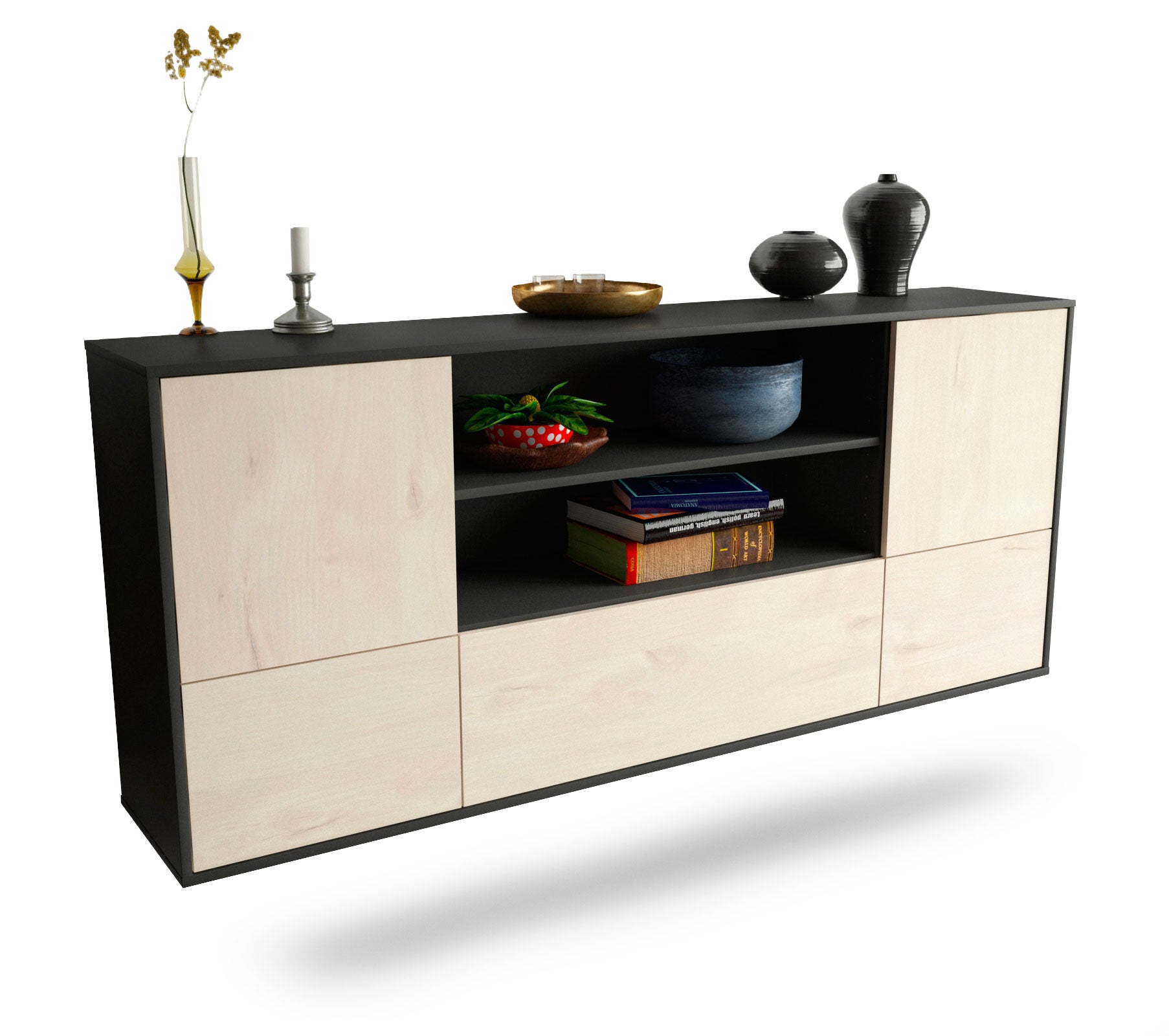 Sideboard Sterling Heights | hängend | Korpus Anthrazit | Front in Zeder Holz Optik | 180x79x35cm (BxHxT) 1 Sideboard Sterling Heights | hängend | Korpus Anthrazit | Front in Zeder Holz Optik | 180x79x35cm (BxHxT)