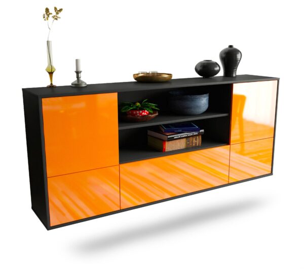 Sideboard Sterling Heights | hängend | Korpus Anthrazit | Front in Hochglanz Orange | 180x79x35cm (BxHxT)