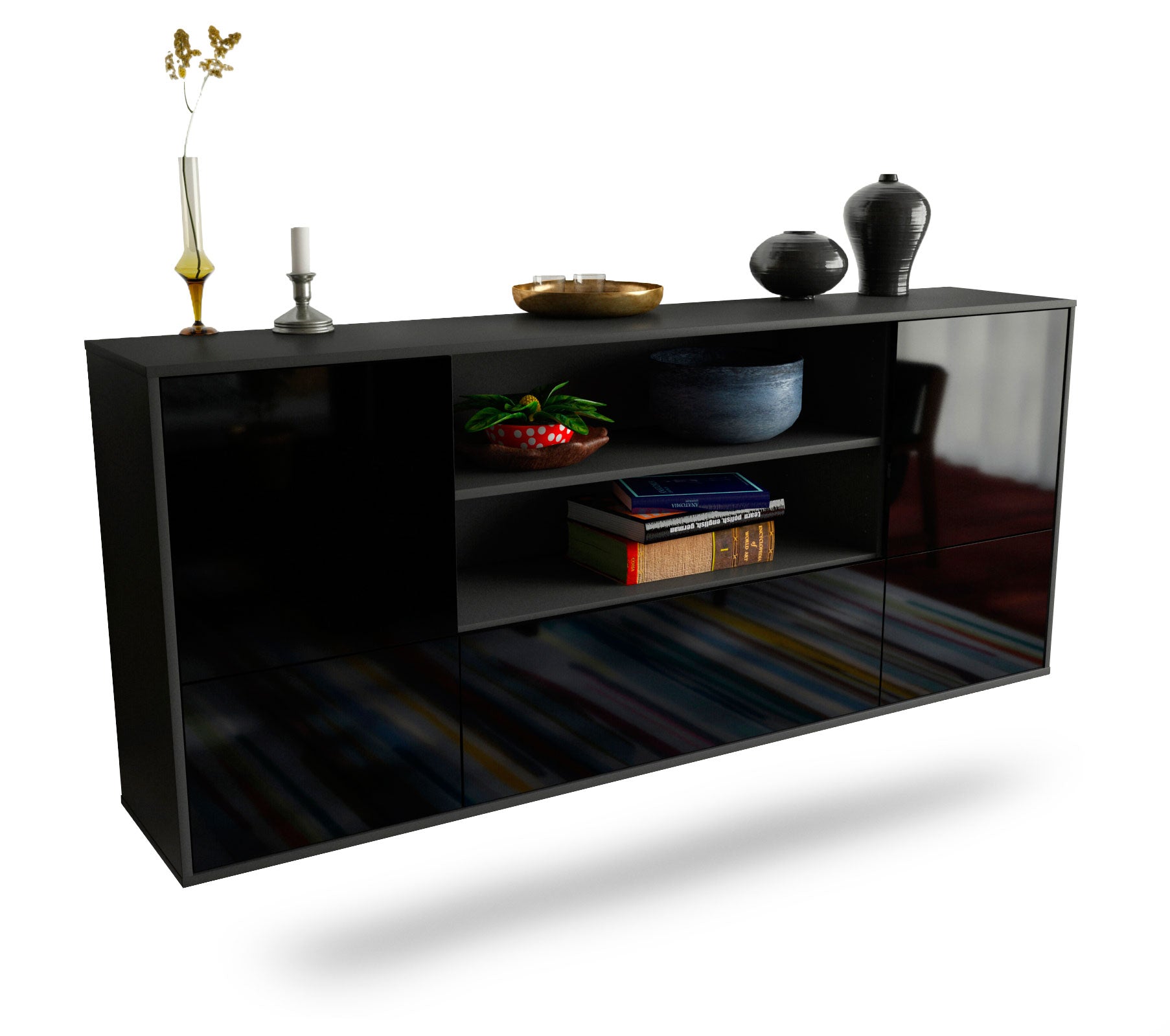 Sideboard Sterling Heights | hängend | Korpus Anthrazit | Front in Hochglanz Schwarz | 180x79x35cm (BxHxT) 1 Sideboard Sterling Heights | hängend | Korpus Anthrazit | Front in Hochglanz Schwarz | 180x79x35cm (BxHxT)