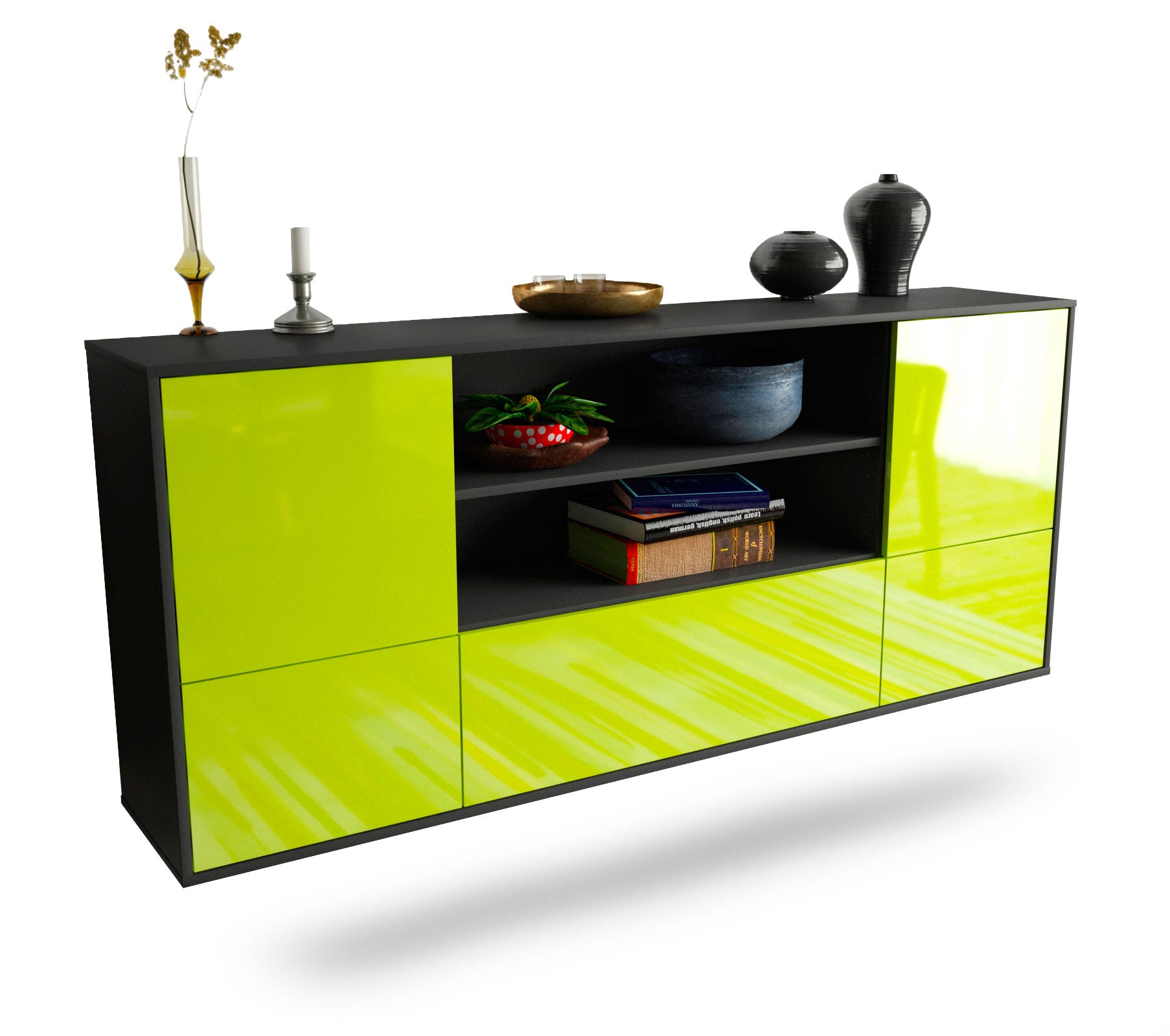 Sideboard Sterling Heights | hängend | Korpus Anthrazit | Front in Hochglanz Grün | 180x79x35cm (BxHxT) 1 Sideboard Sterling Heights | hängend | Korpus Anthrazit | Front in Hochglanz Grün | 180x79x35cm (BxHxT)