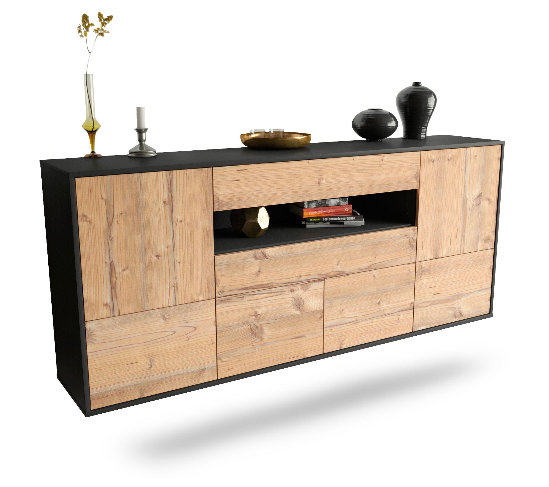 Sideboard McAllen | hängend | Korpus Anthrazit | Front in Pinie Holz Optik | 180x79x35cm (BxHxT) 1 Sideboard McAllen | hängend | Korpus Anthrazit | Front in Pinie Holz Optik | 180x79x35cm (BxHxT)