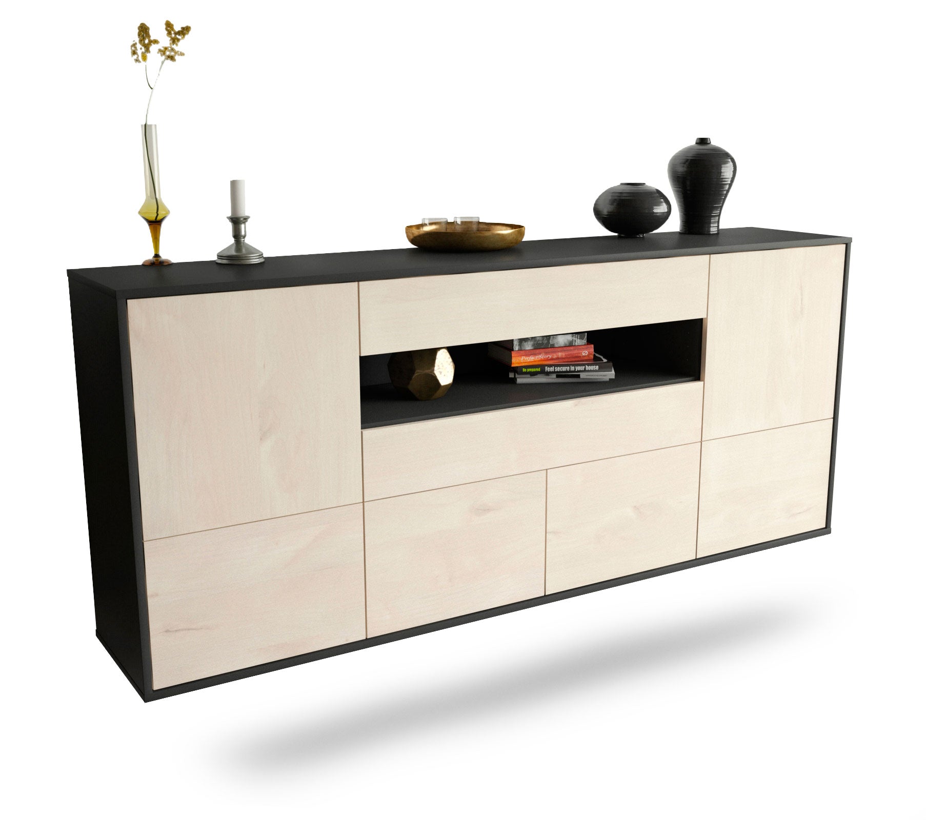 Sideboard McAllen | hängend | Korpus Anthrazit | Front in Zeder Holz Optik | 180x79x35cm (BxHxT) 1 Sideboard McAllen | hängend | Korpus Anthrazit | Front in Zeder Holz Optik | 180x79x35cm (BxHxT)